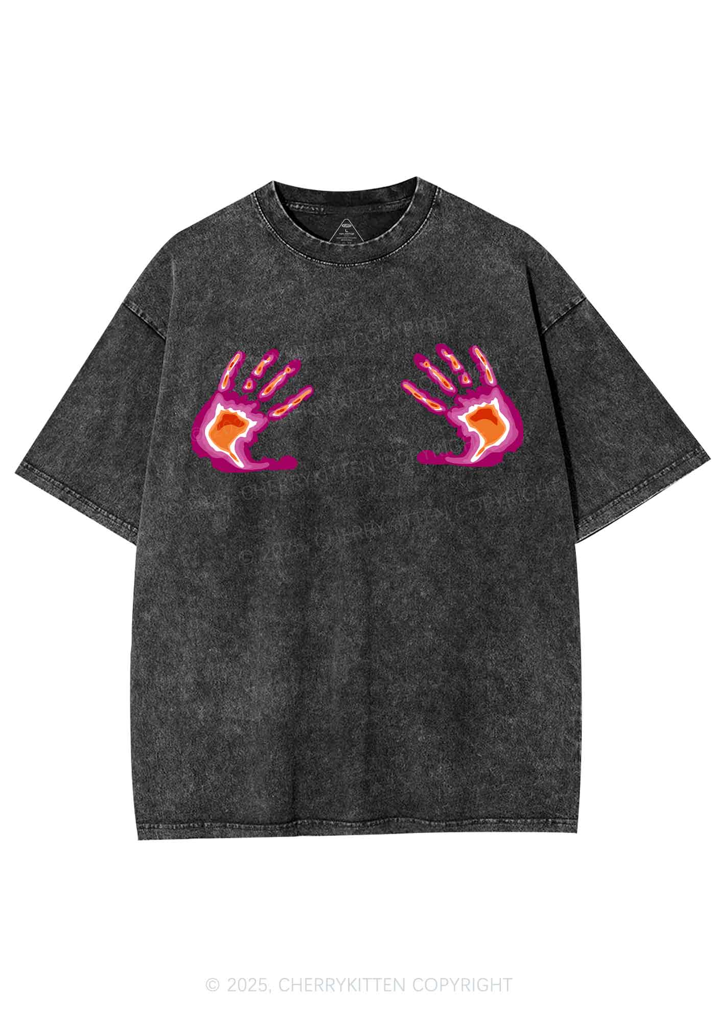 Lesbian Thermal Hands Y2K Shirts Washed Tee Cherrykitten - Image 3