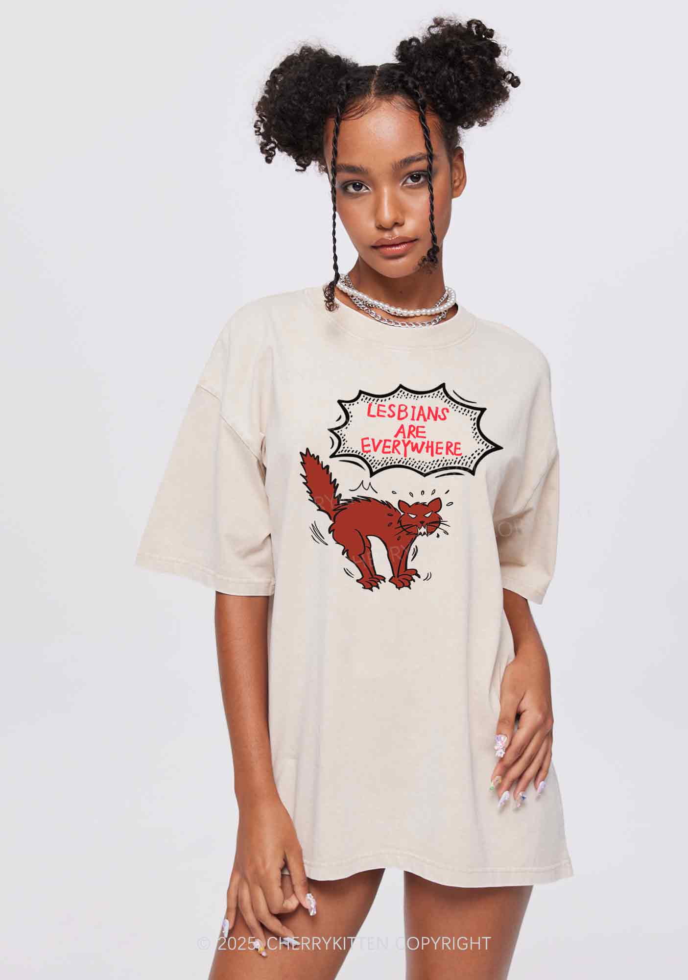 Lesbians Are Everywhere Y2K Shirts Washed Tee Cherrykitten - Image 2