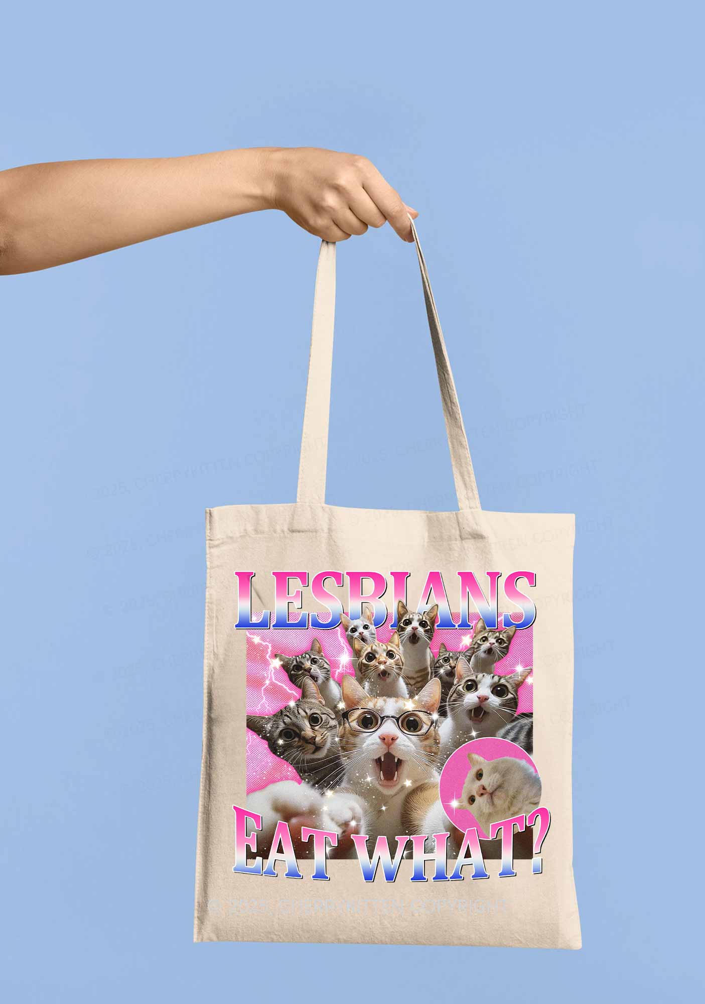 Lesbians Eat What Cat Pride Y2K Canvas Tote Bag Cherrykitten - Image 2