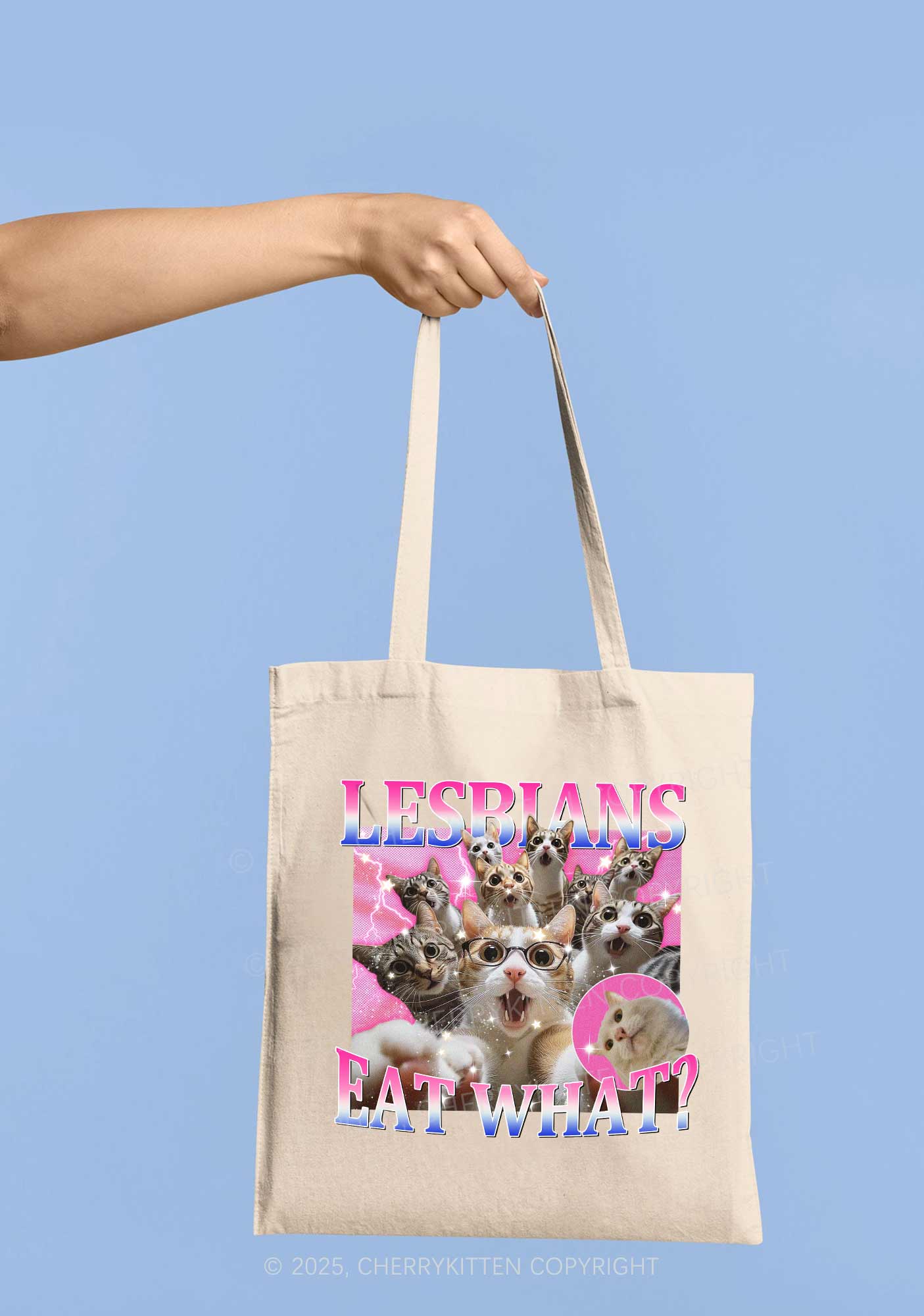 Lesbians Eat What Cat Pride Y2K Canvas Tote Bag Cherrykitten - Image 3
