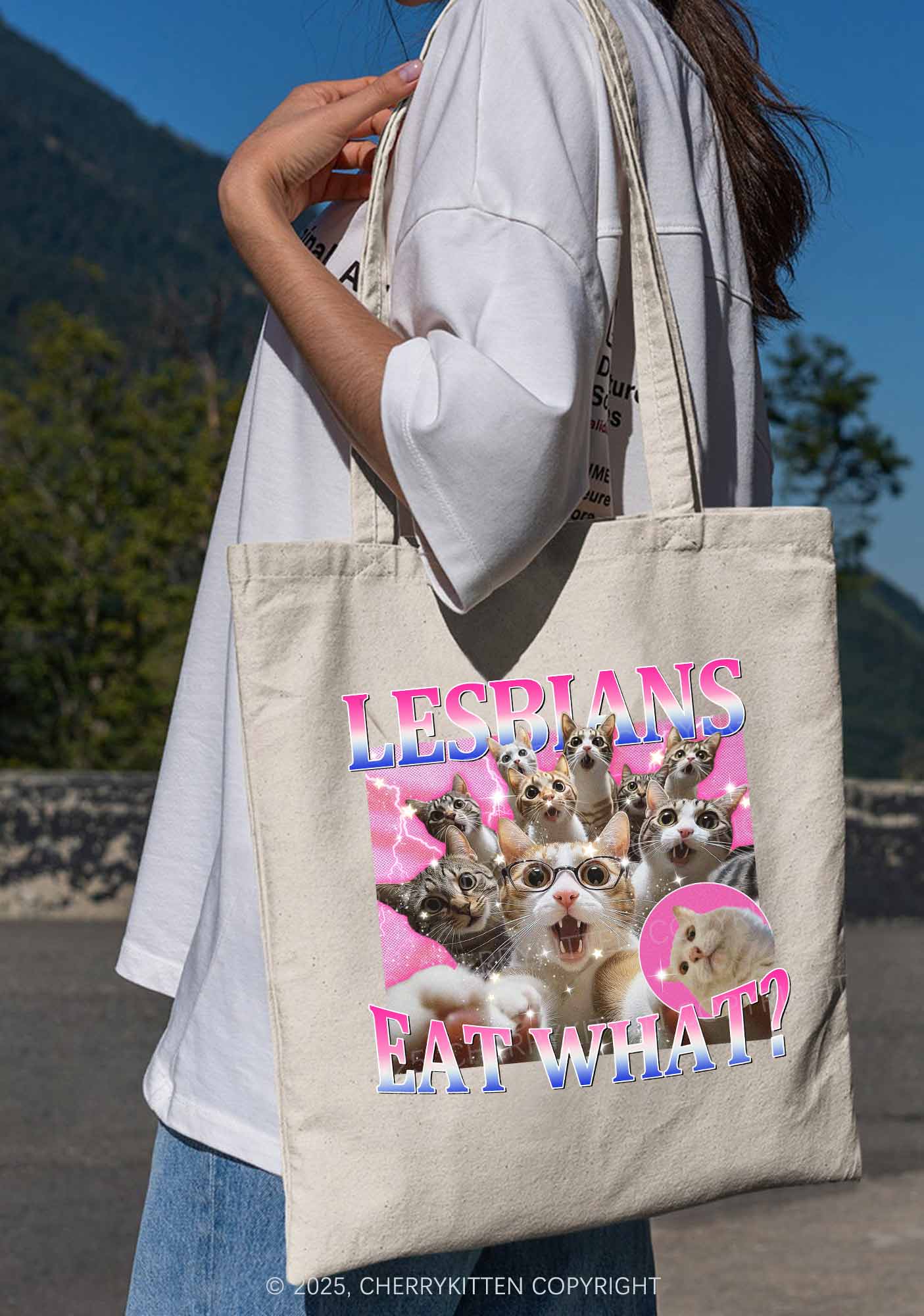 Lesbians Eat What Cat Pride Y2K Canvas Tote Bag Cherrykitten - Image 4