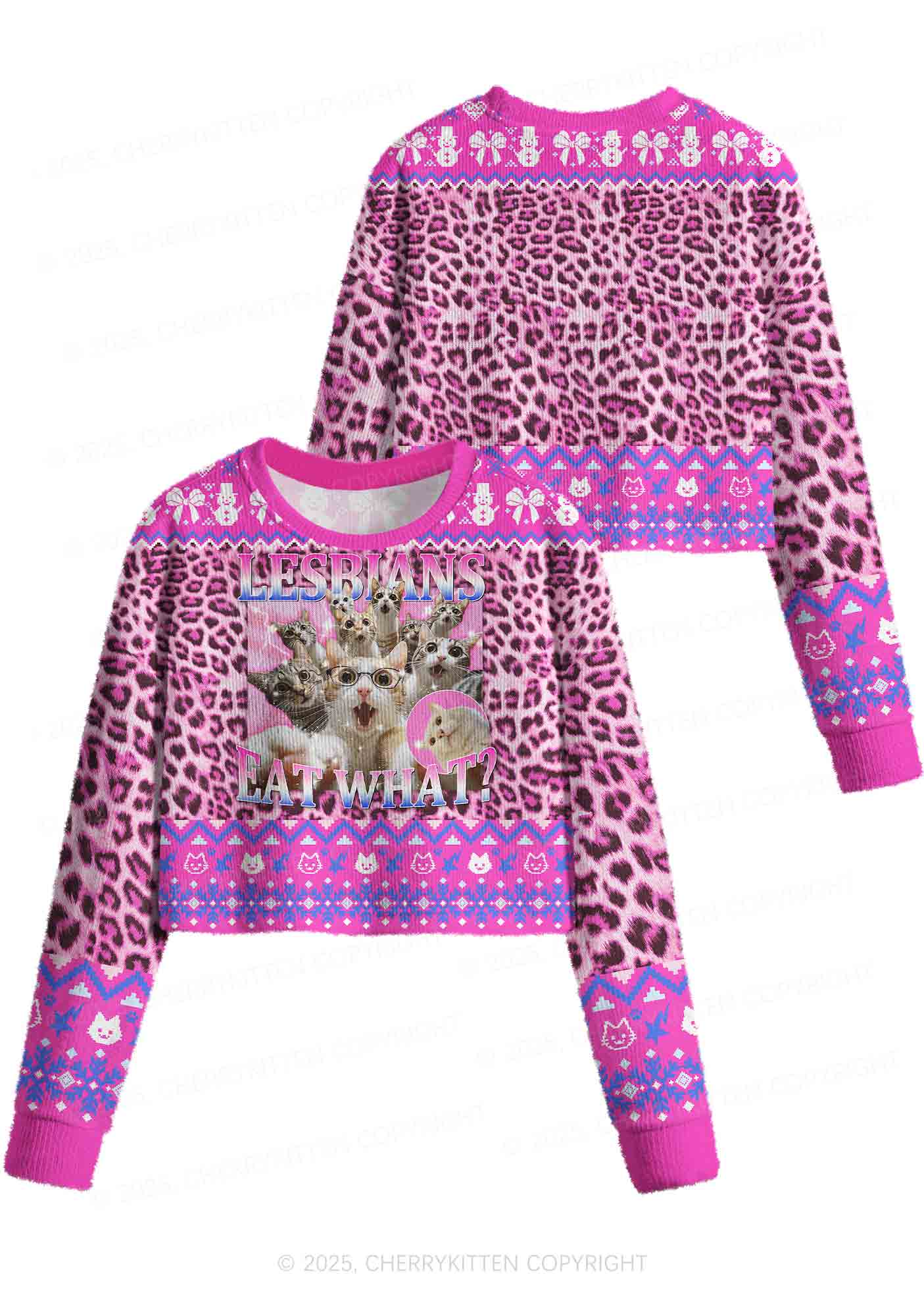 Lesbians Eat What Cat Pride Y2K Christmas Crop Knit Sweatshirt Cherrykitten - Image 3
