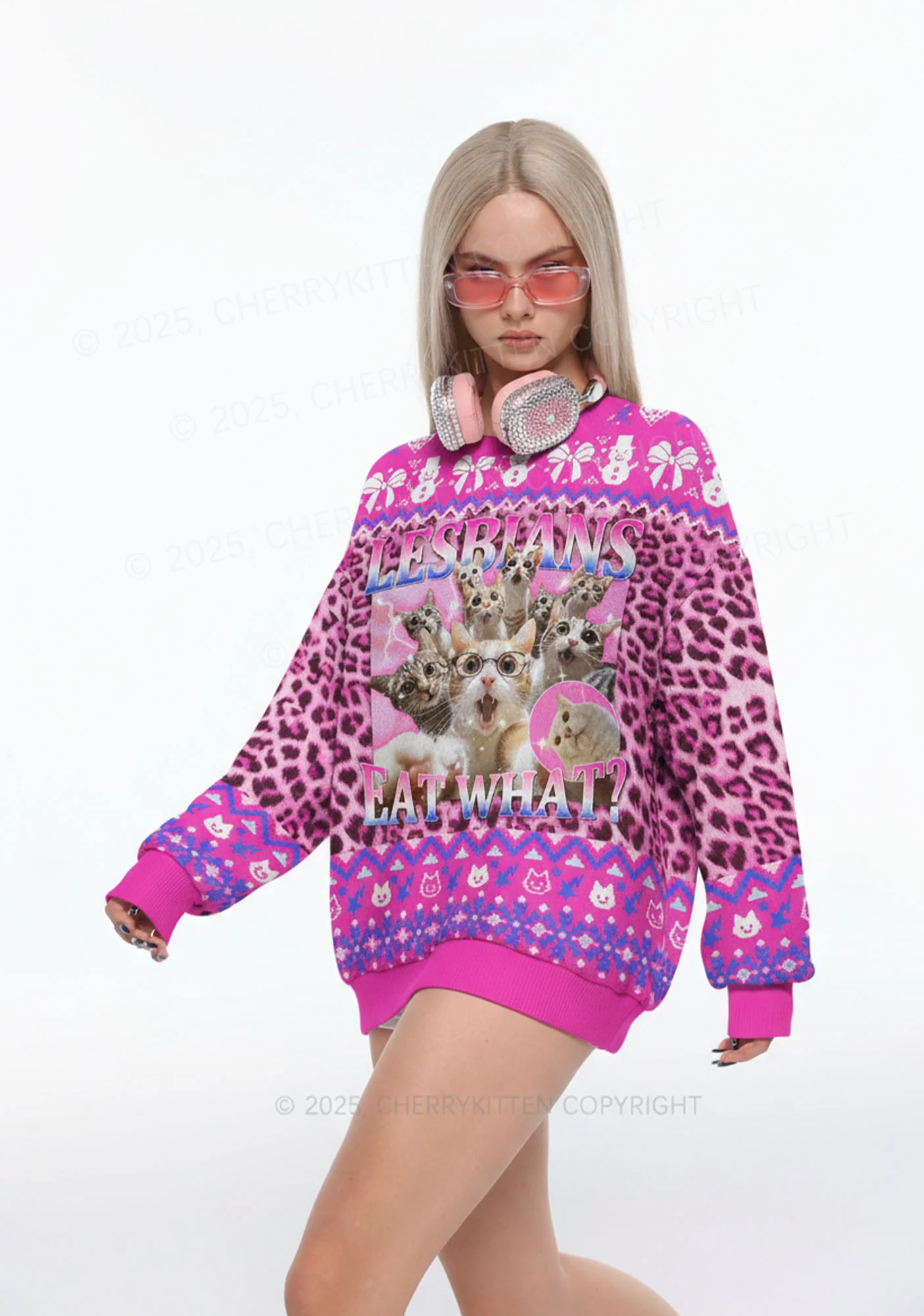 Lesbians Eat What Cat Pride Y2K Christmas Knit Sweatshirt Cherrykitten - Image 2