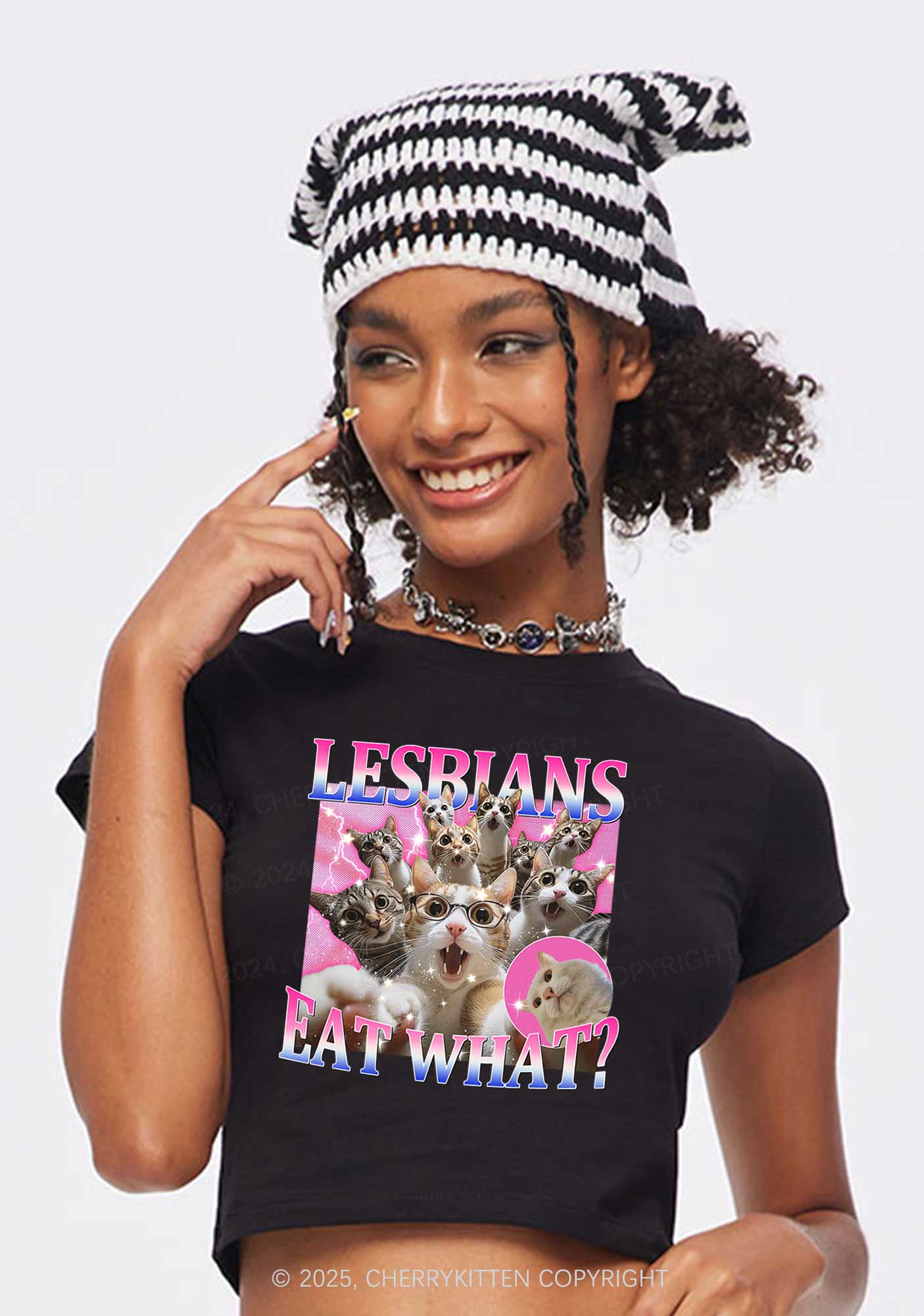 Lesbians Eat What Cat Y2K Baby Tee Cherrykitten - Image 2