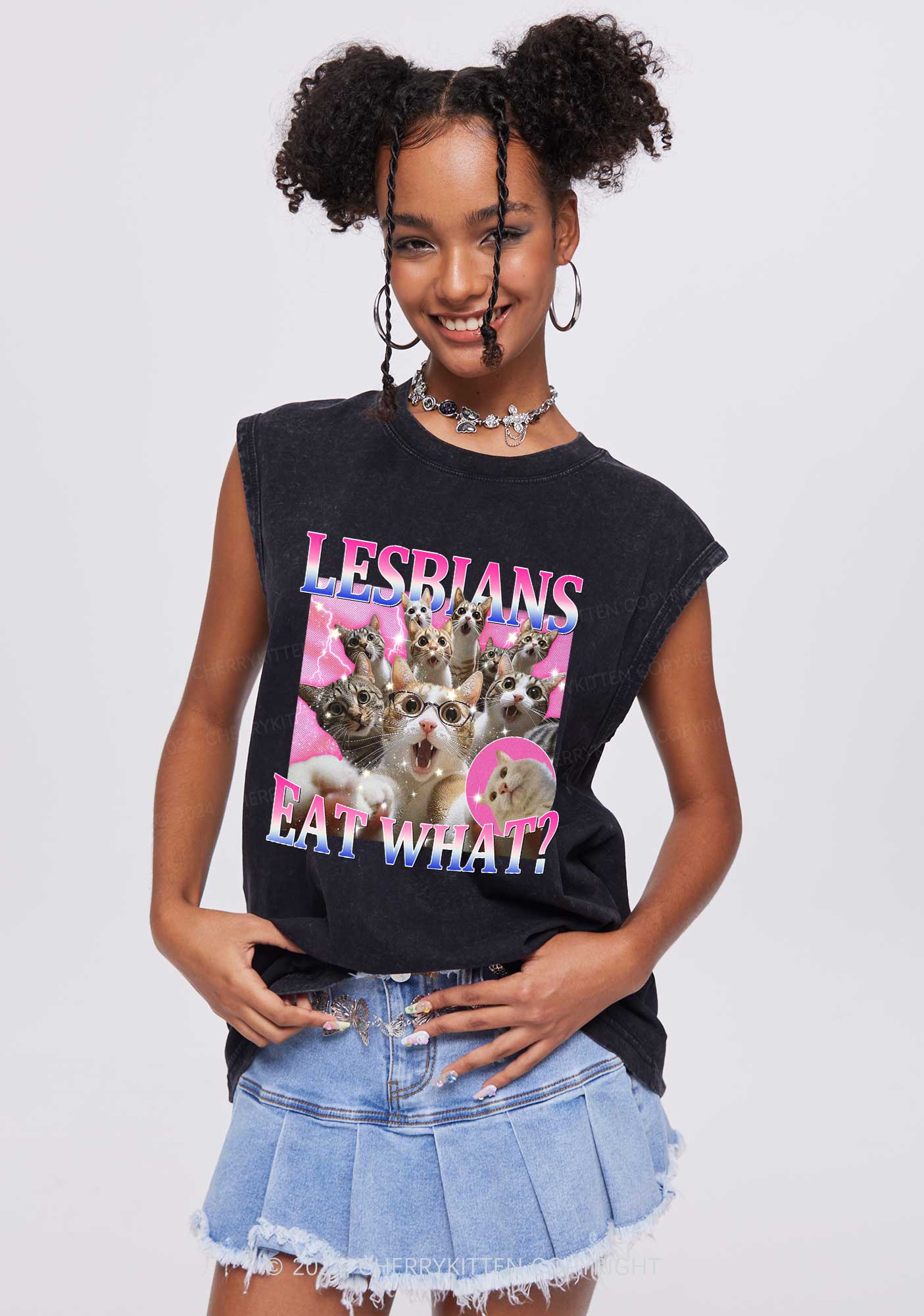 Lesbians Eat What Cat Y2K Washed Tank Cherrykitten - Image 2