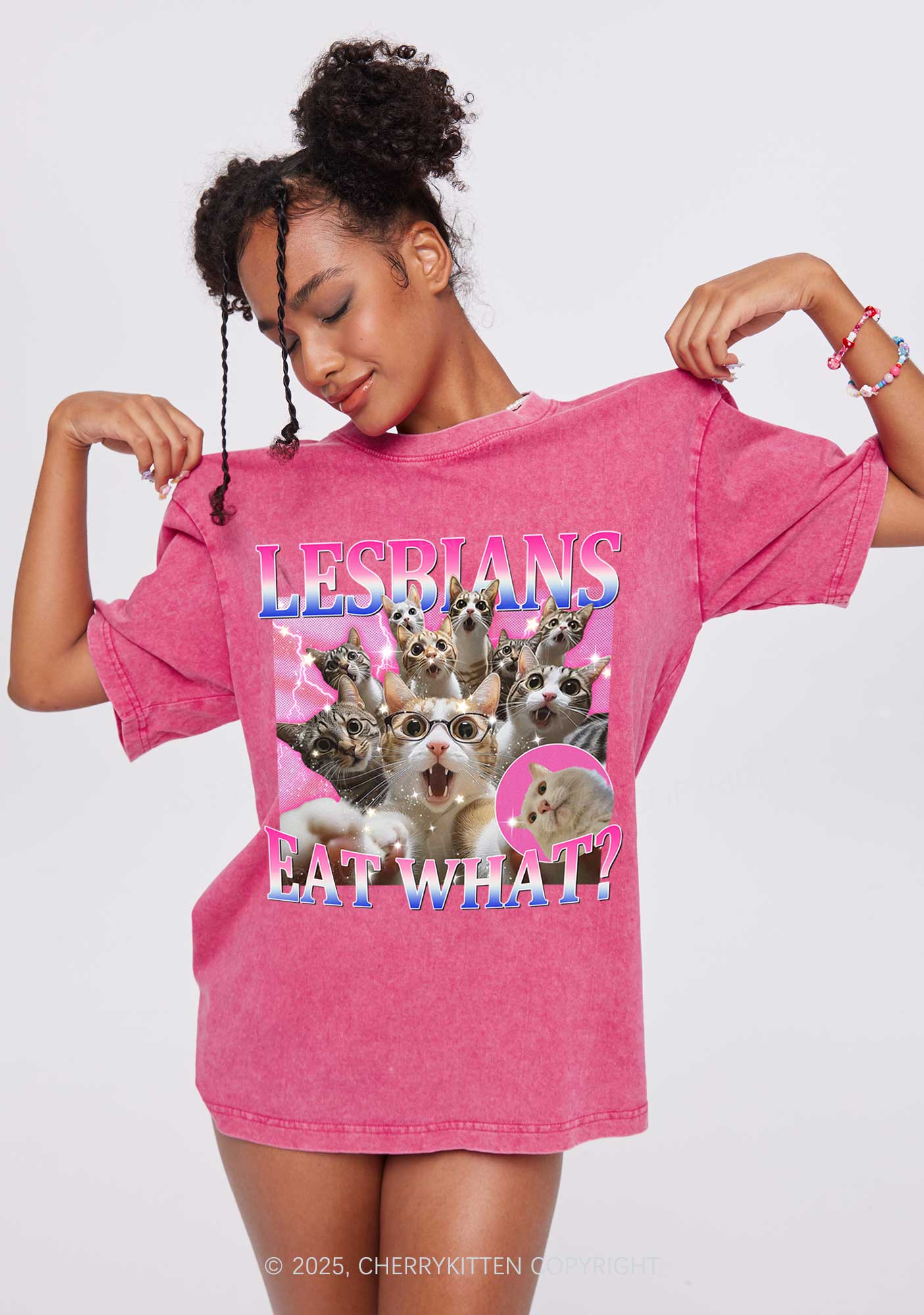 Lesbians Eat What Cat Y2K Washed Tee Cherrykitten - Image 2
