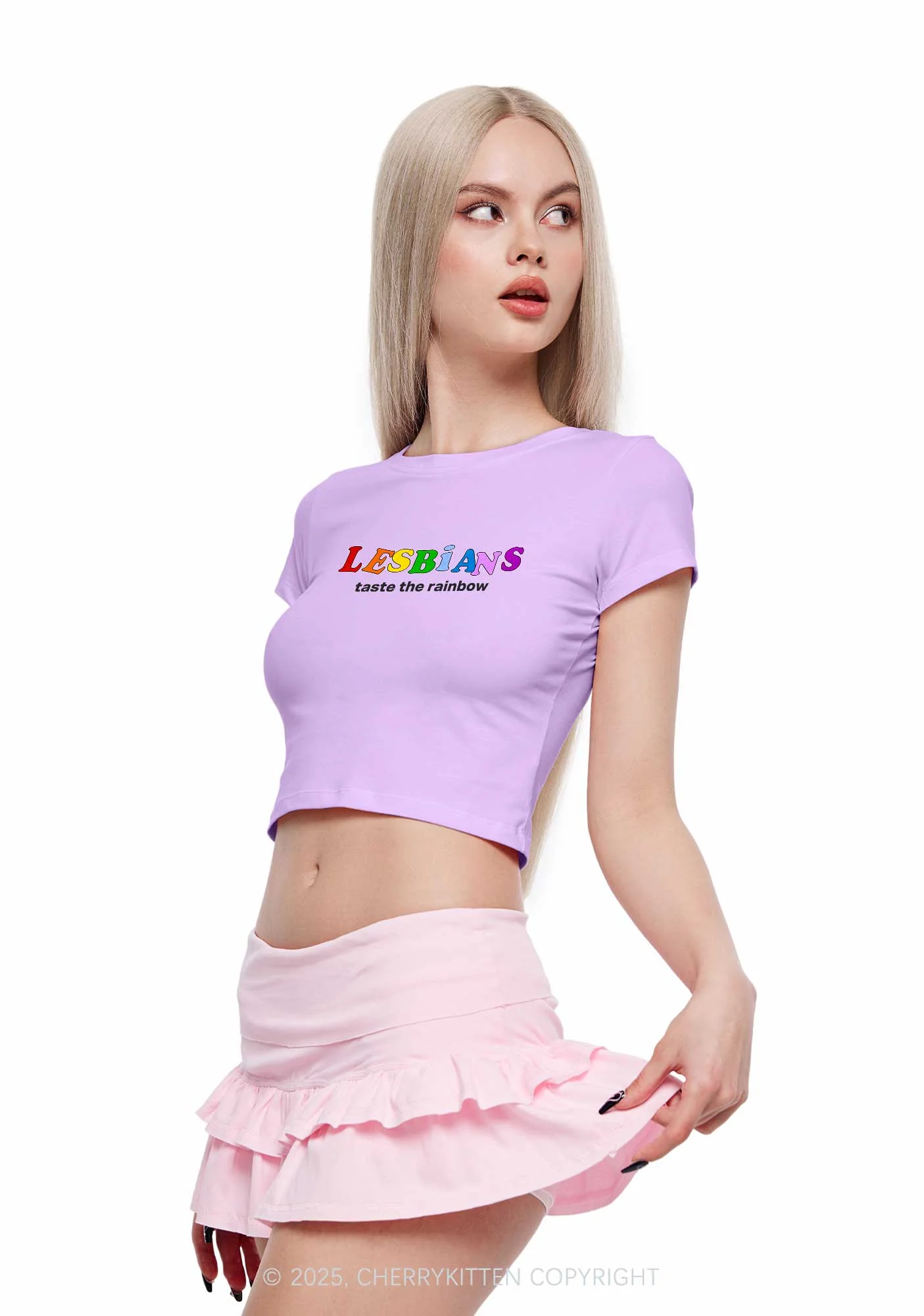 Lesbians Taste The Rainbow Y2K Baby Tee Cherrykitten - Image 3