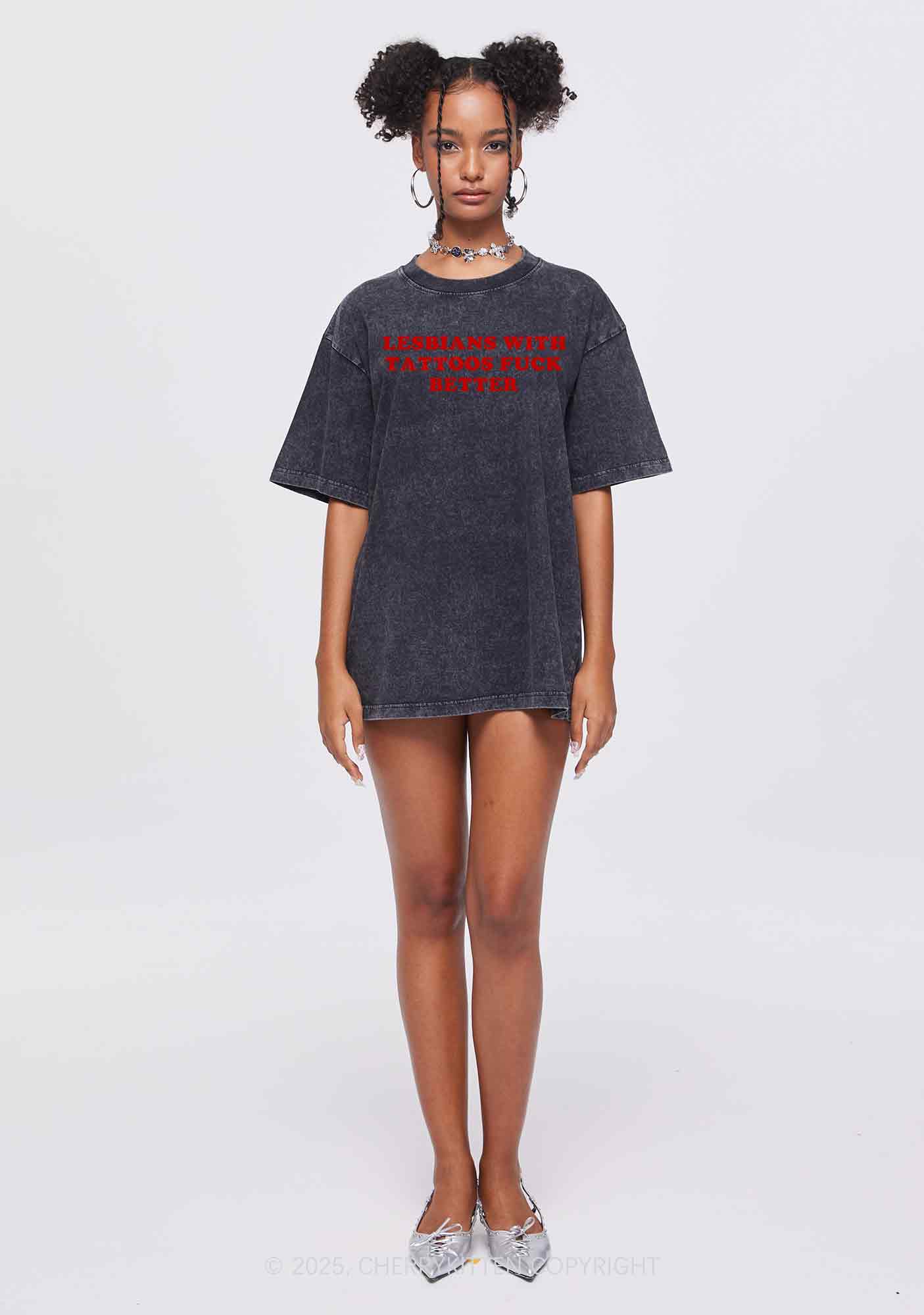 Lesbians With Tattoos Pride Y2K Shirts Washed Tee Cherrykitten - Image 2