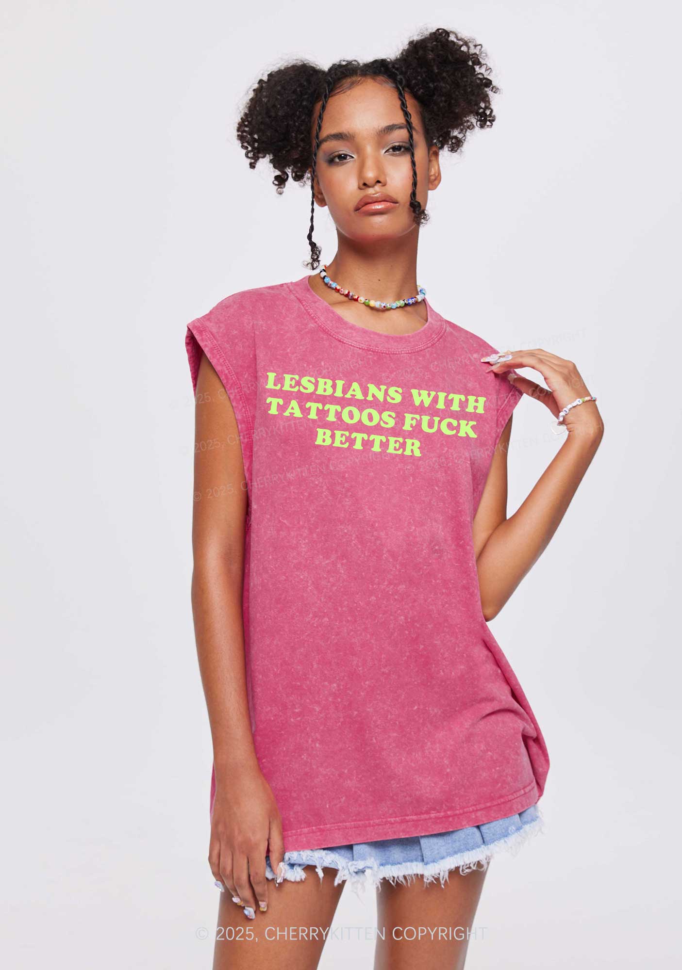 Lesbians With Tattoos Pride Y2K Washed Muscle Tank Cherrykitten - Image 2