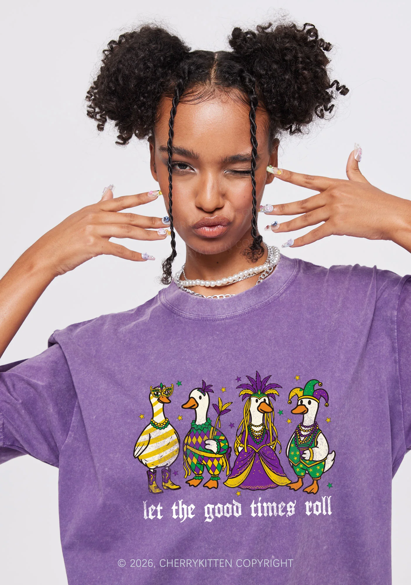 Let The Good Times Roll Y2K Shirts Washed Tee Cherrykitten - Image 2