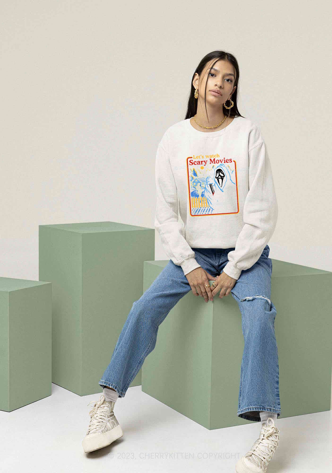 Let's Watch Scary Movies Halloween Y2K Sweatshirt Cherrykitten - Image 2