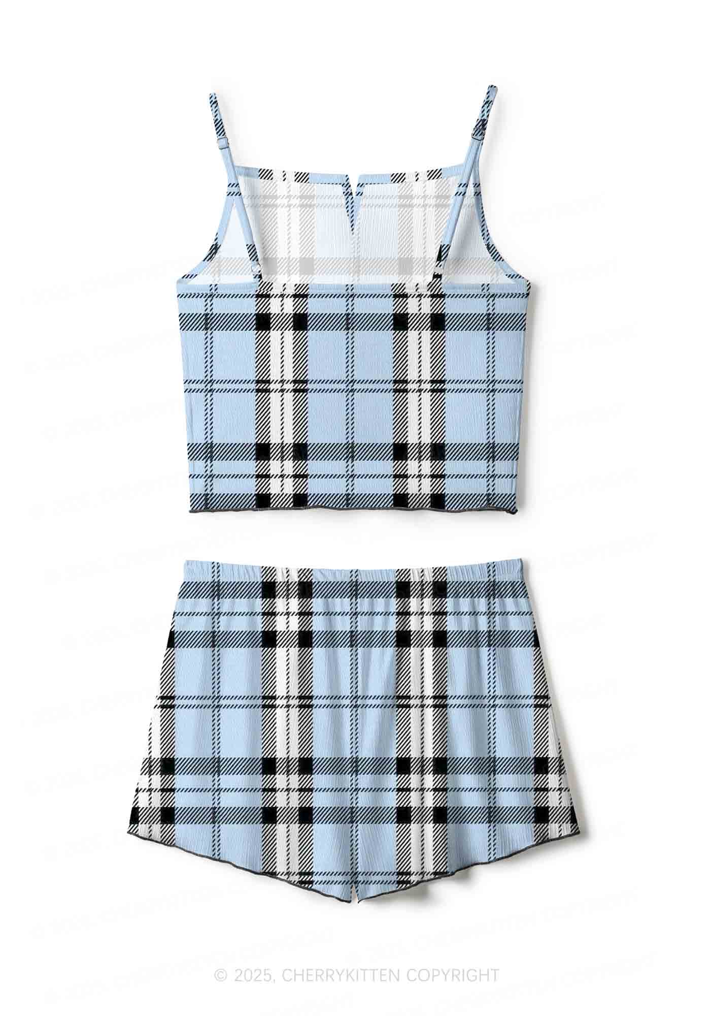 Light Blue Plaid Y2K Print Cami Shorts Pajama Set Cherrykitten - Image 3
