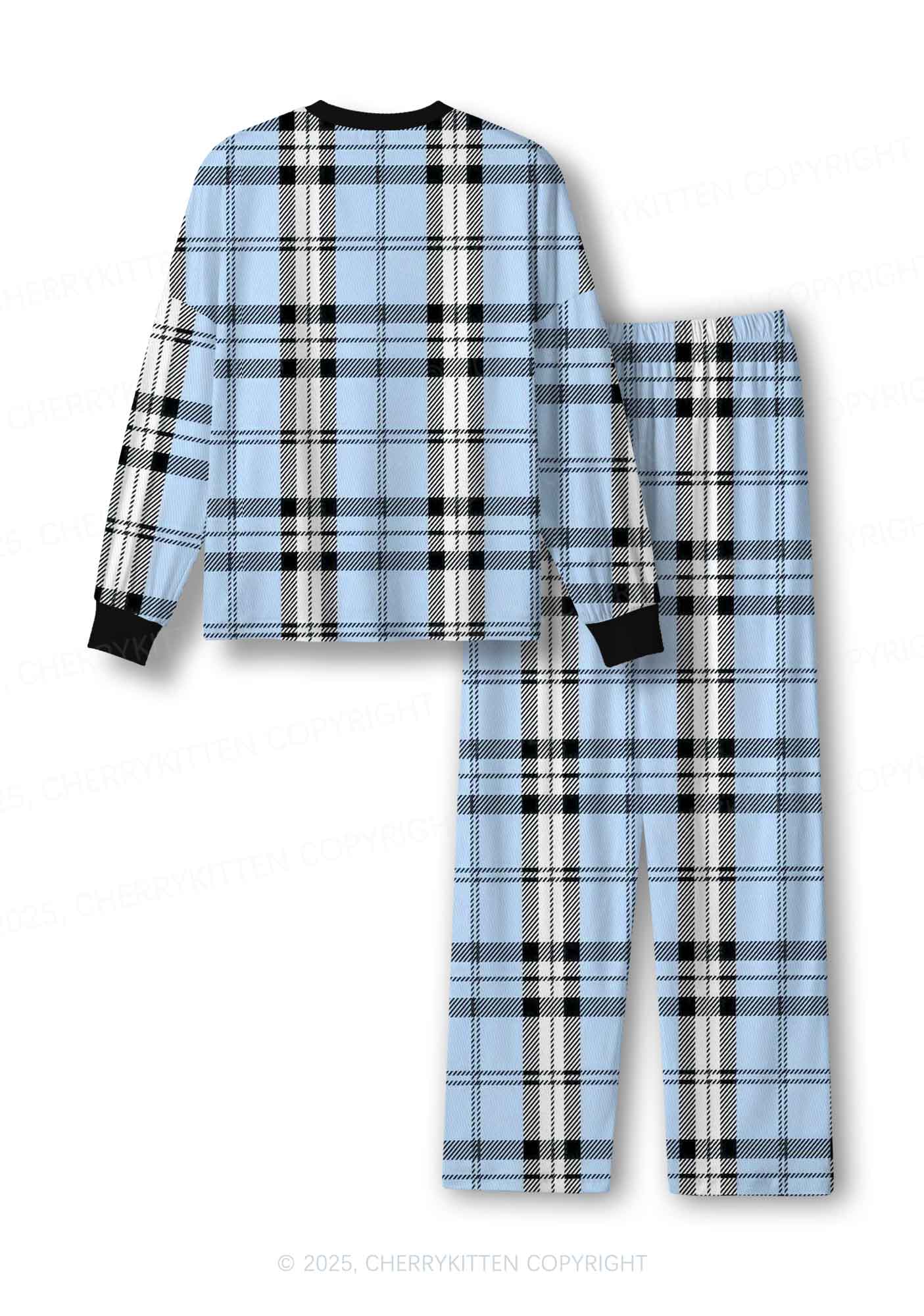 Light Blue Plaid Y2K Print Long Sleeve Pajama Set Cherrykitten - Image 3