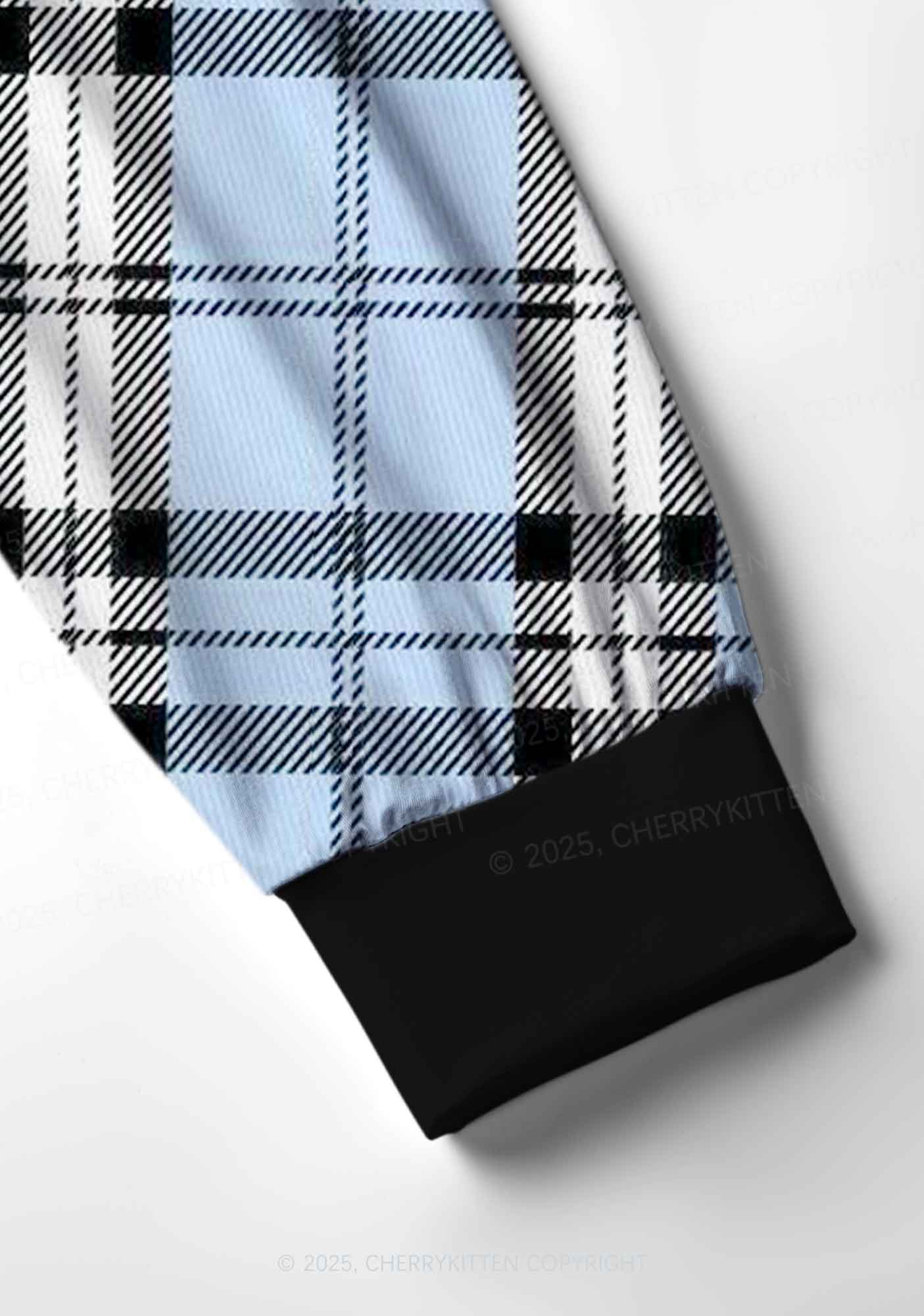 Light Blue Plaid Y2K Print Long Sleeve Pajama Set Cherrykitten - Image 4