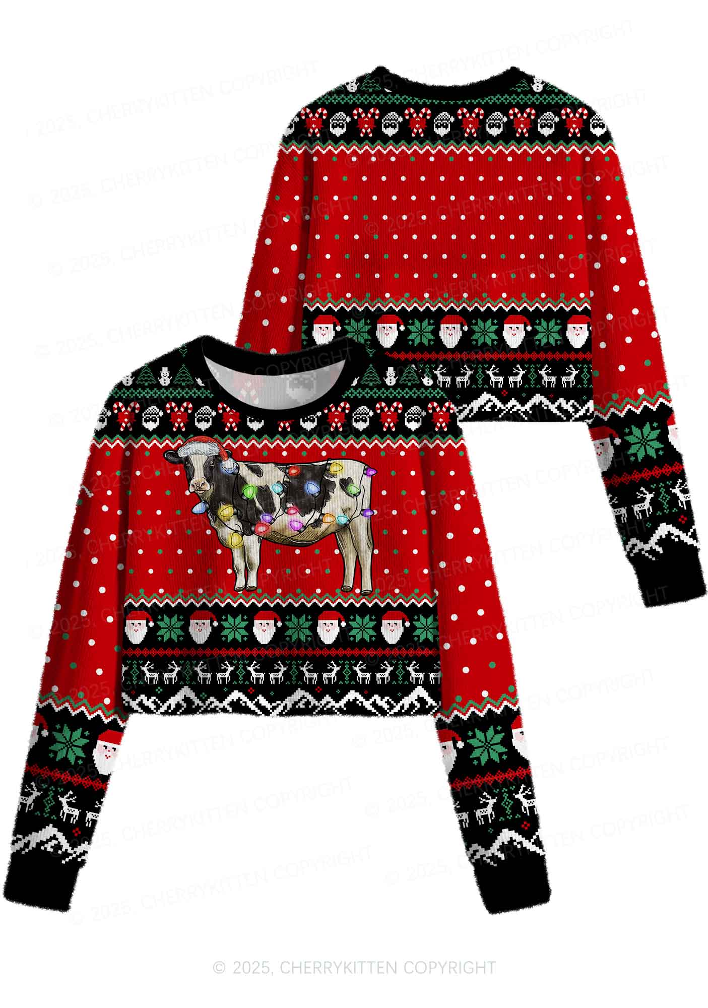Light Cow Y2K Christmas Crop Knit Sweatshirt Cherrykitten - Image 3