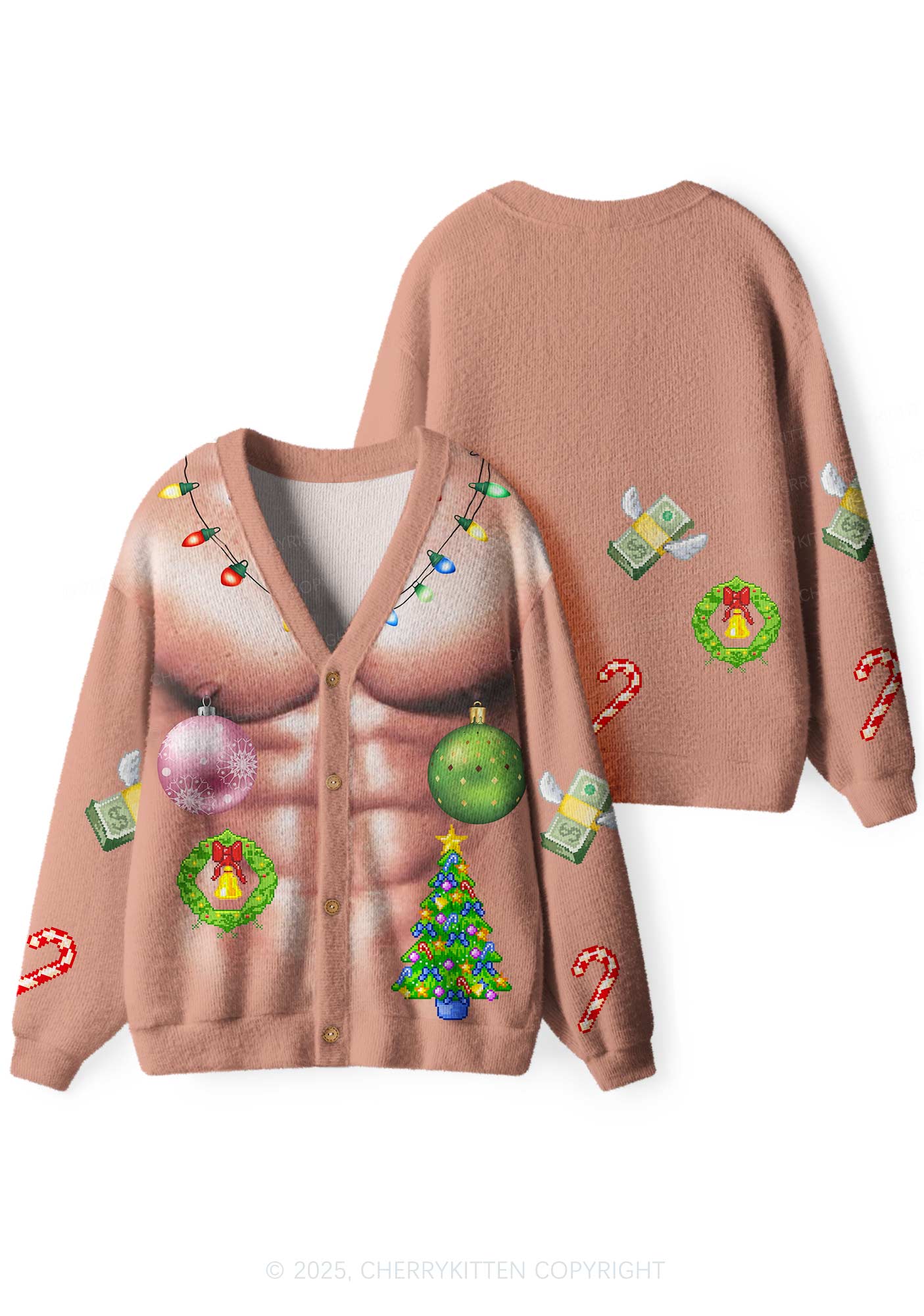 Light Muscle Santa Y2K Christmas Cardigan Knit Sweatshirt Cherrykitten - Image 3