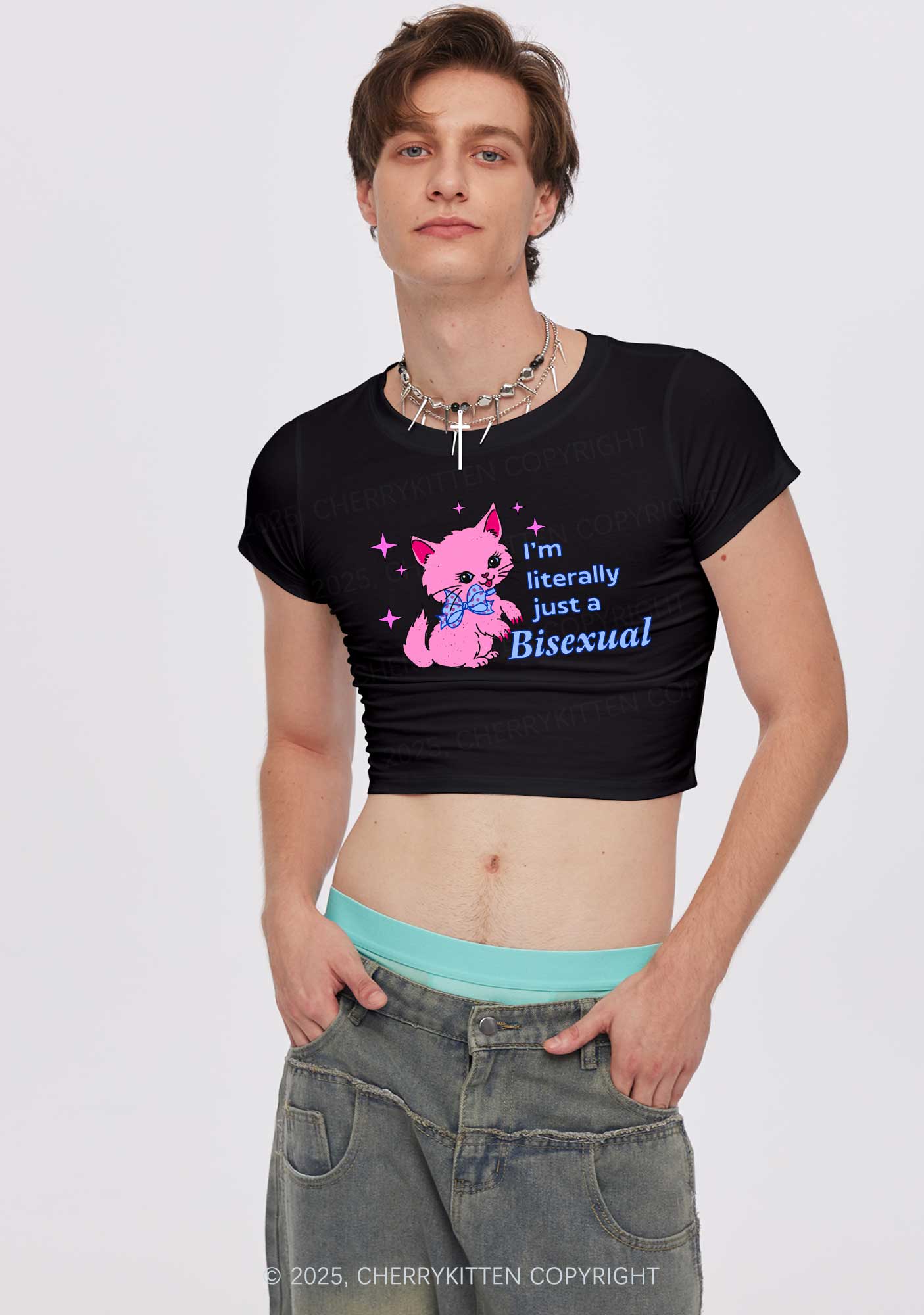 Literally Just A Bisexual Pride Y2K Baby Tee Cherrykitten - Image 3