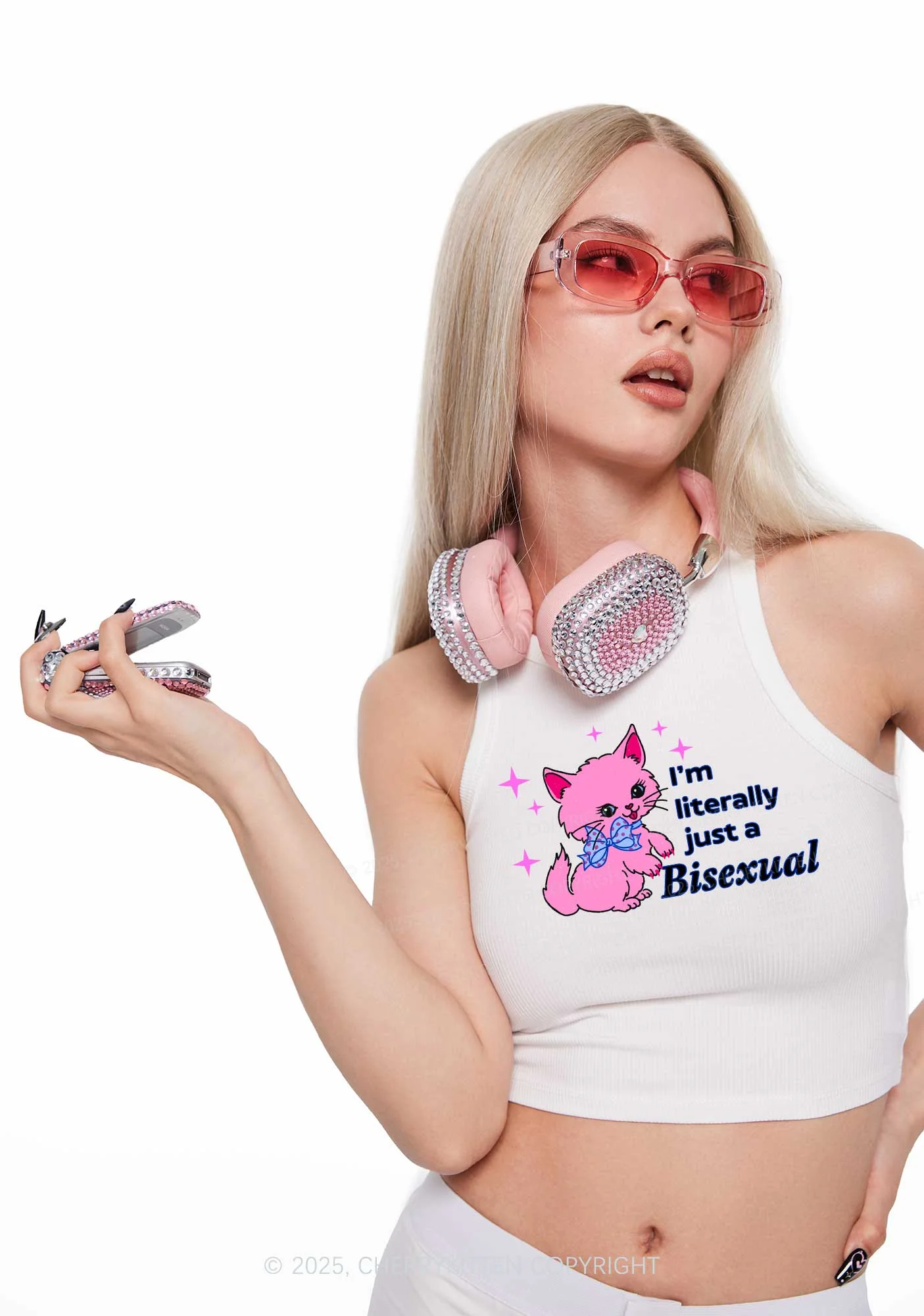 Literally Just A Bisexual Pride Y2K Crop Tank Top Cherrykitten - Image 2
