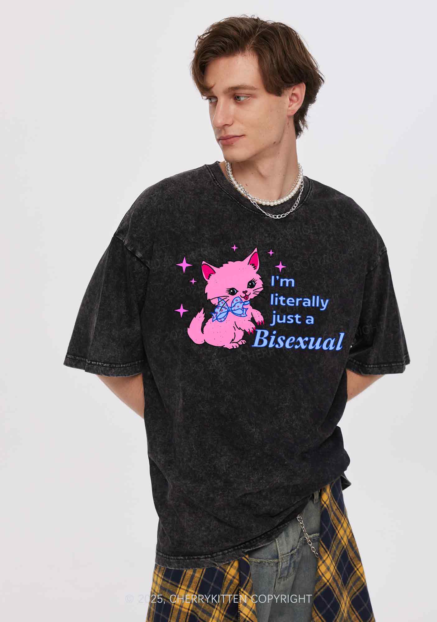 Literally Just A Bisexual Pride Y2K Shirts Washed Tee Cherrykitten - Image 2