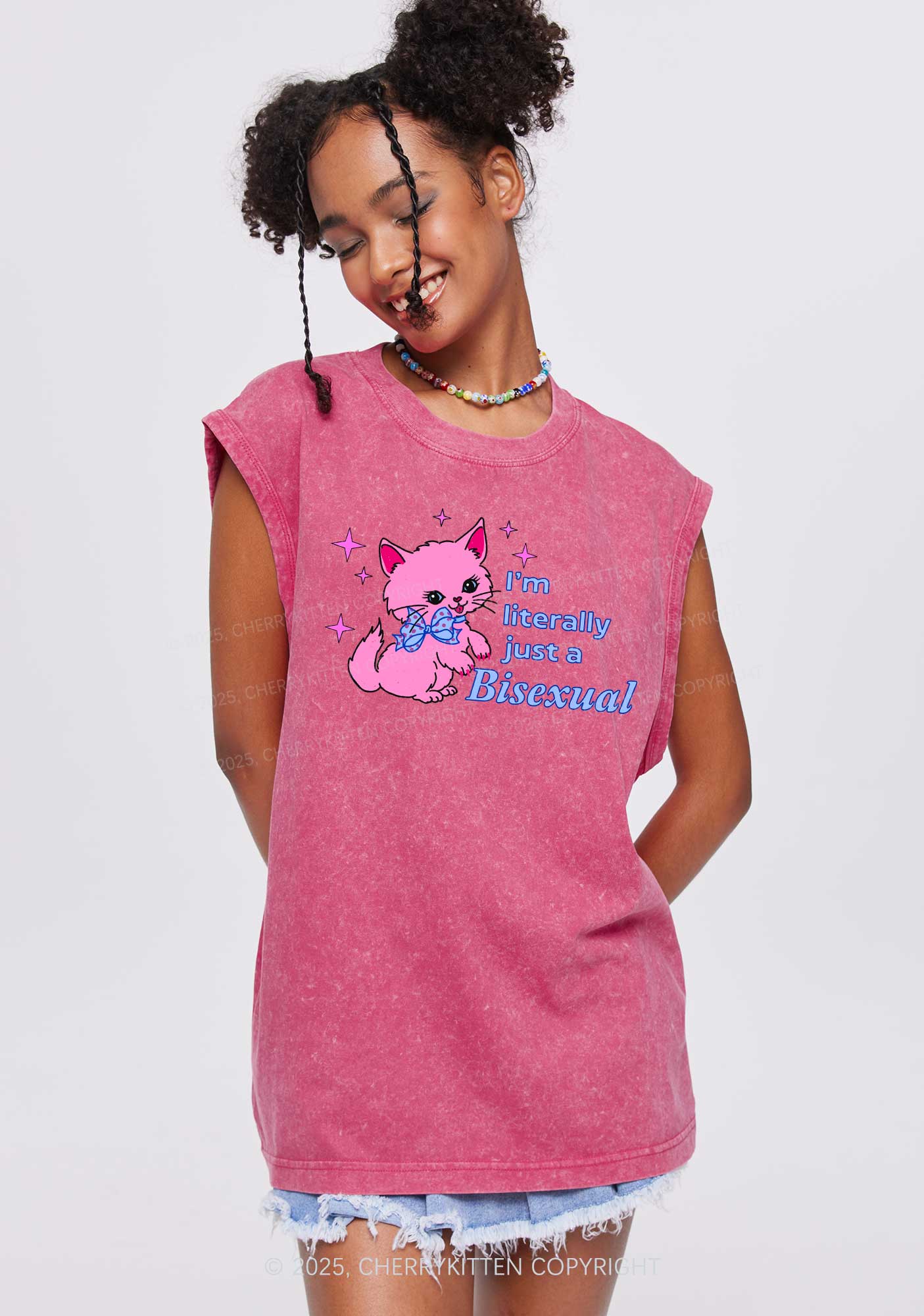 Literally Just A Bisexual Pride Y2K Washed Muscle Tank Cherrykitten - Image 2