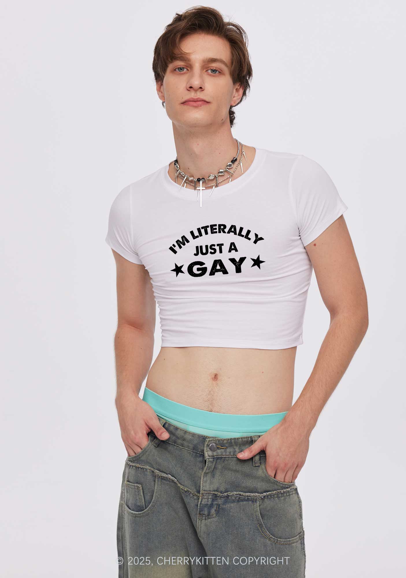 Literally Just A Gay Pride Y2K Baby Tee Cherrykitten - Image 3