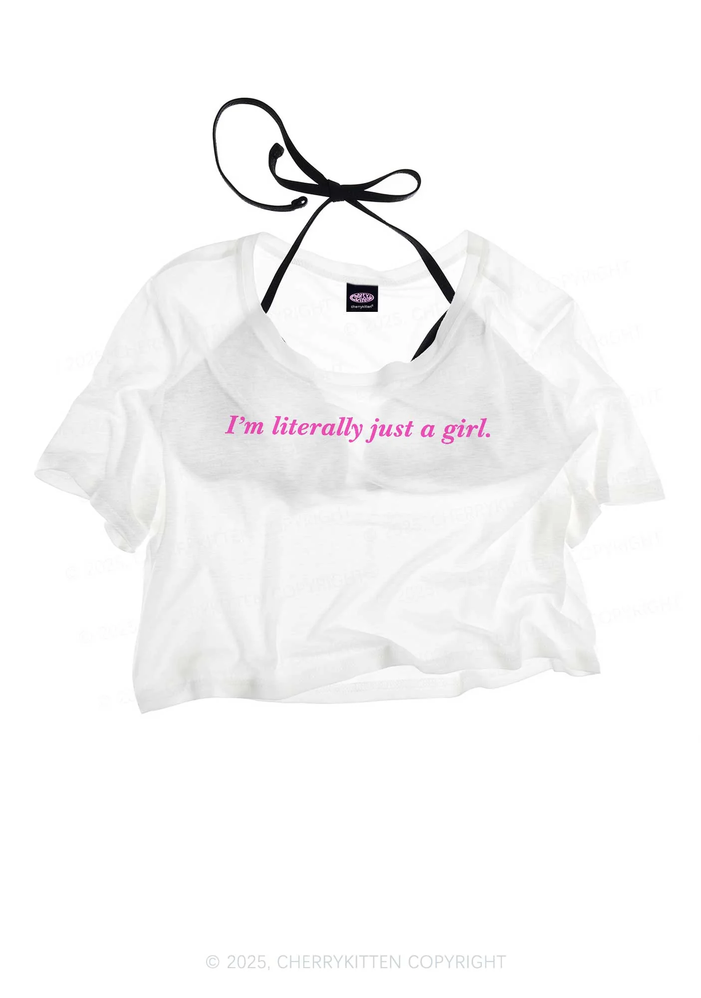 Literally Just A Girl Y2K Sheer Crop Tee Cherrykitten - Image 3