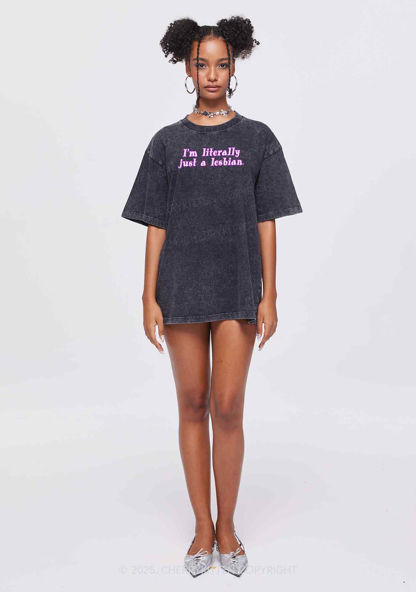 Literally Just A Lesbian Y2K Washed Tee Cherrykitten - Image 2