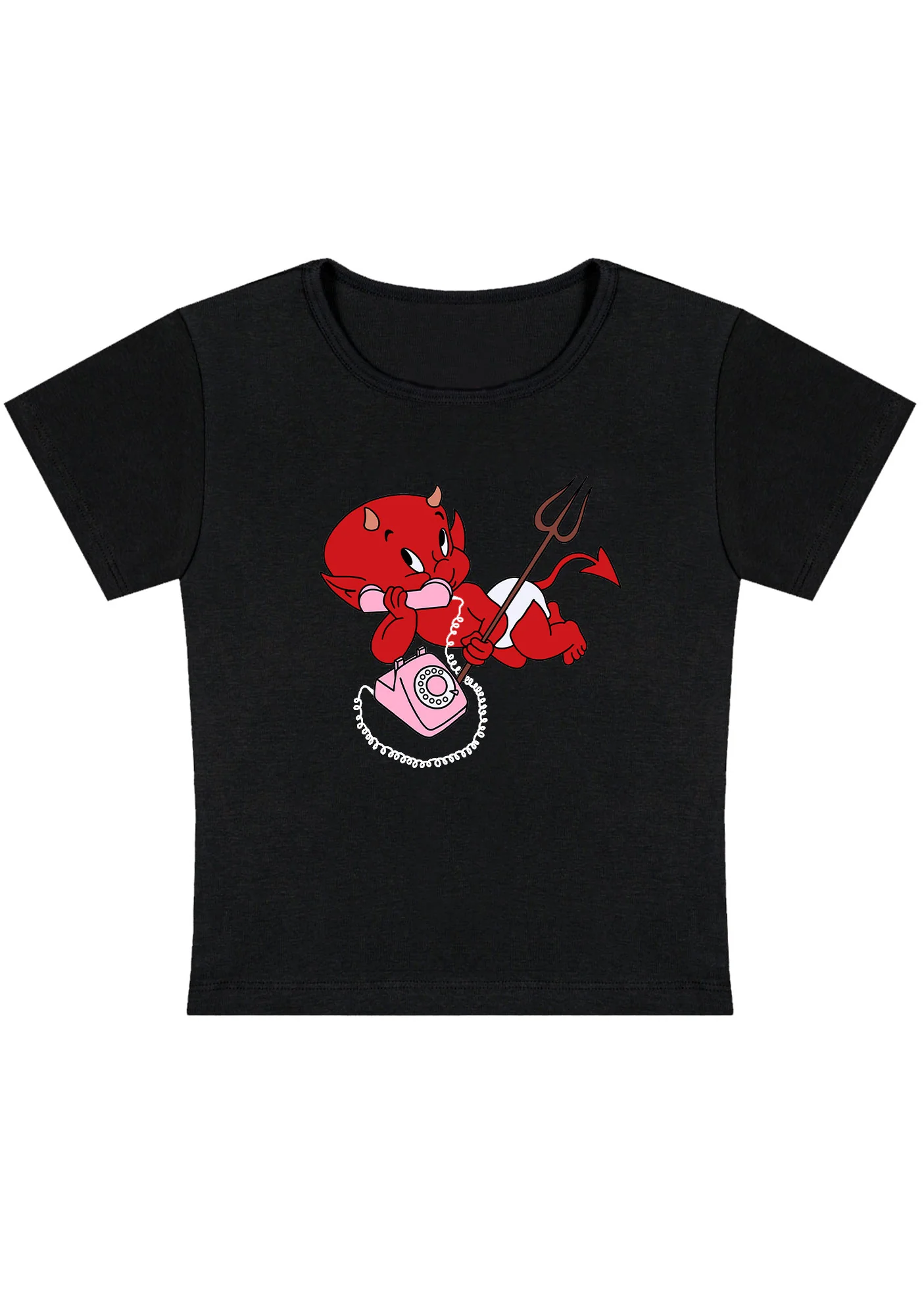 Little Devil On The Phone Y2K Baby Tee - Image 3