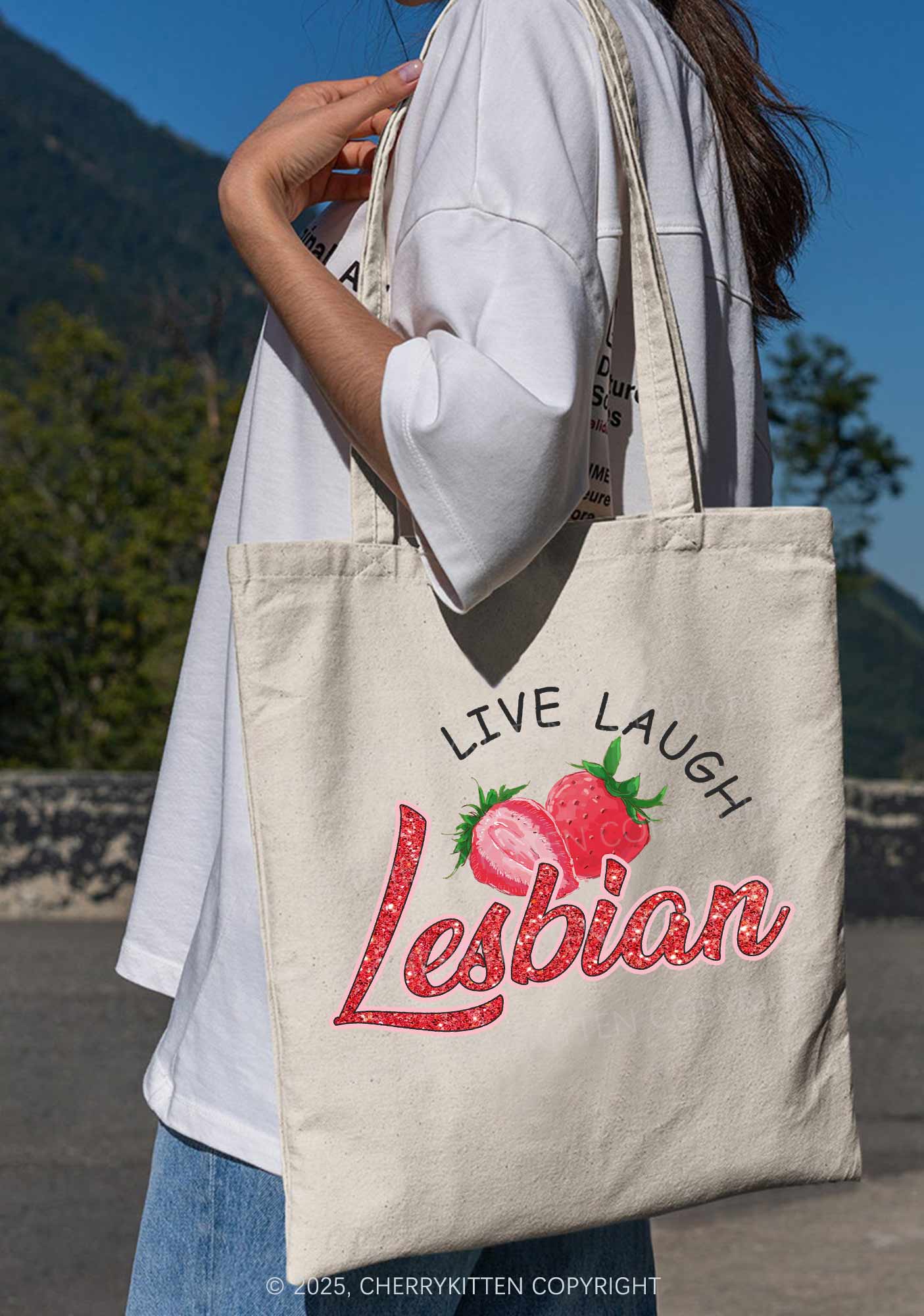 Live Laugh Lesbian Pride Y2K Canvas Tote Bag Cherrykitten - Image 3