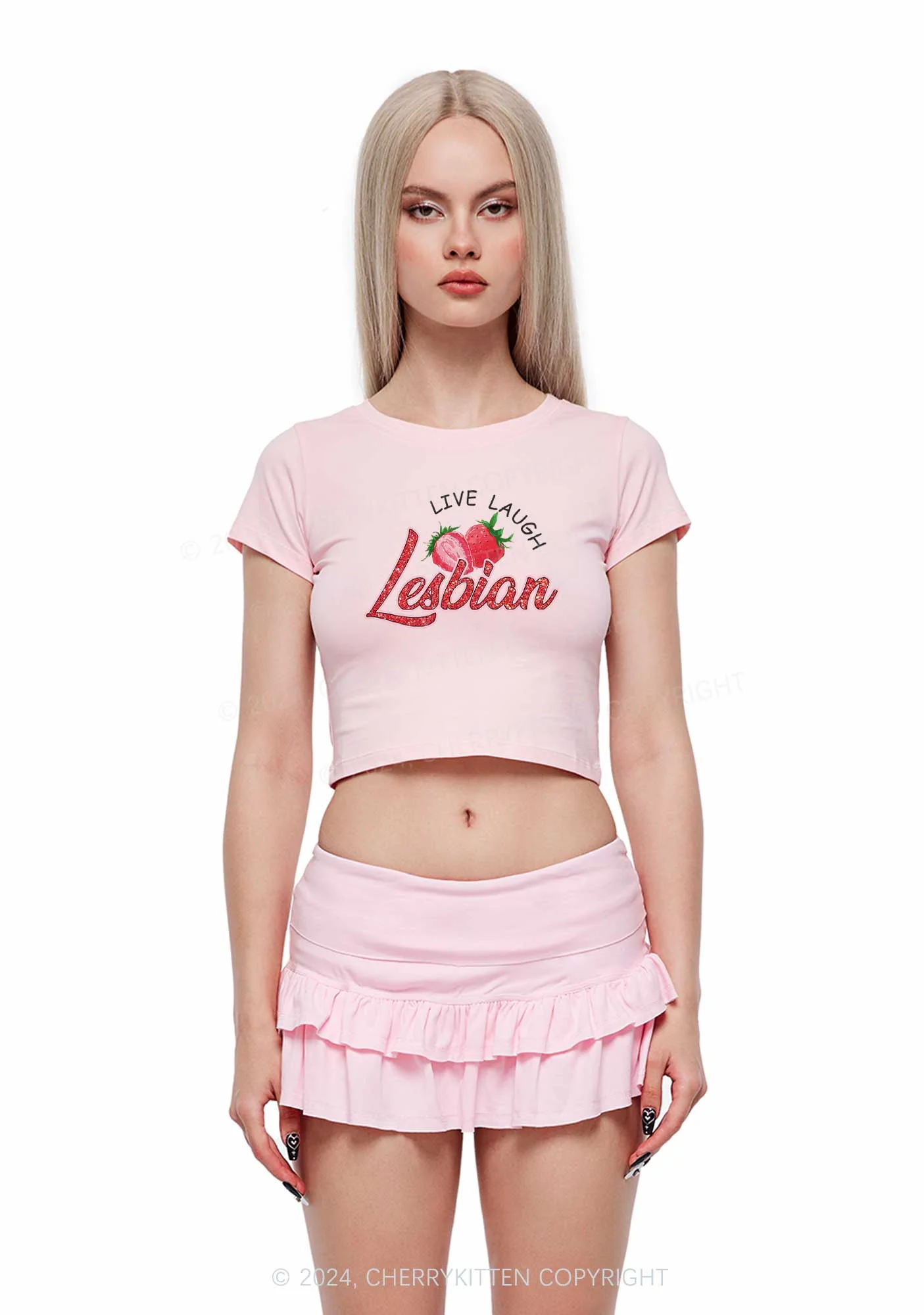 Live Laugh Lesbian Y2K Baby Tee Cherrykitten - Image 2