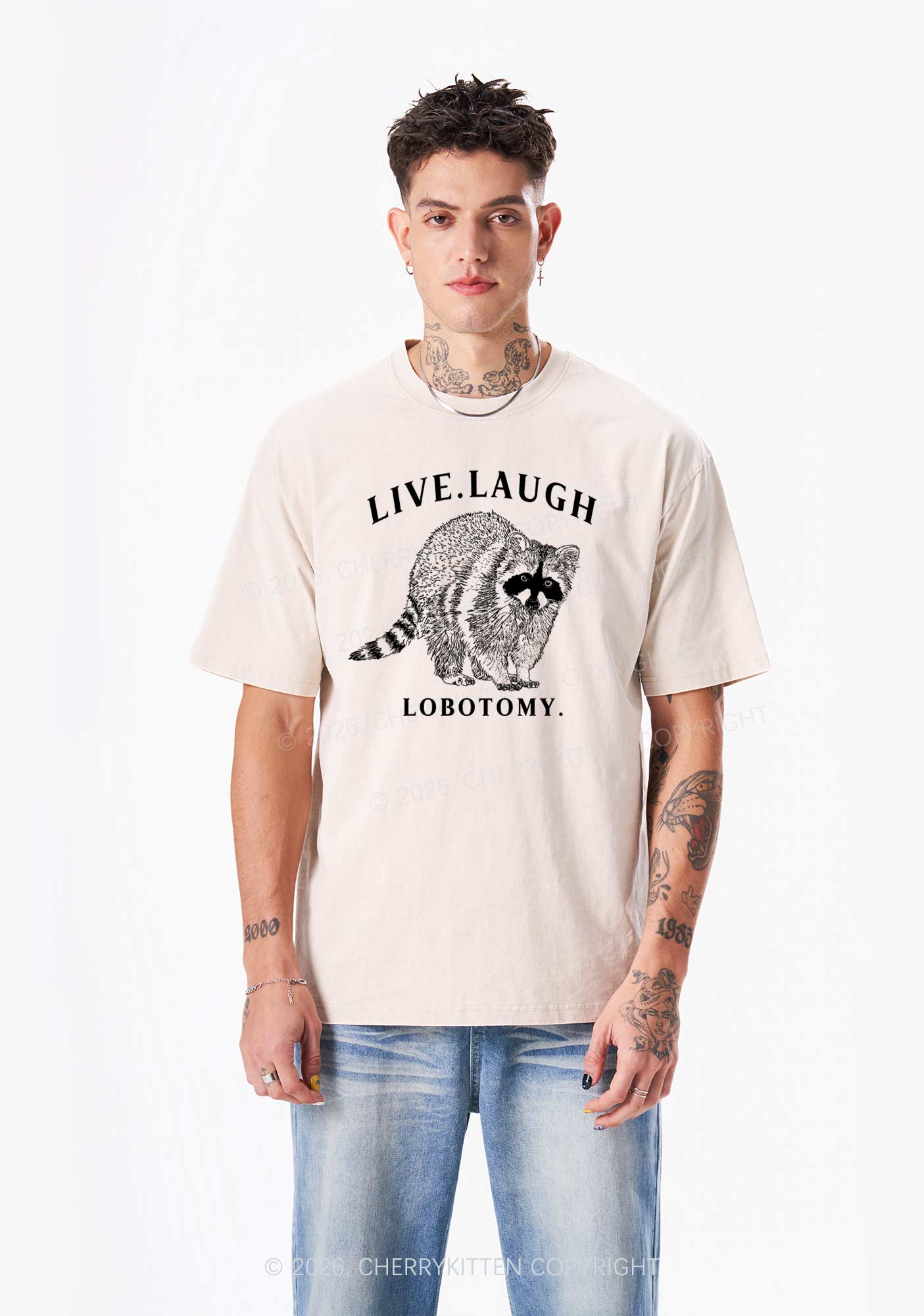Live Laugh Lobotomy Raccoon Y2K Shirts Washed Tee Cherrykitten - Image 2