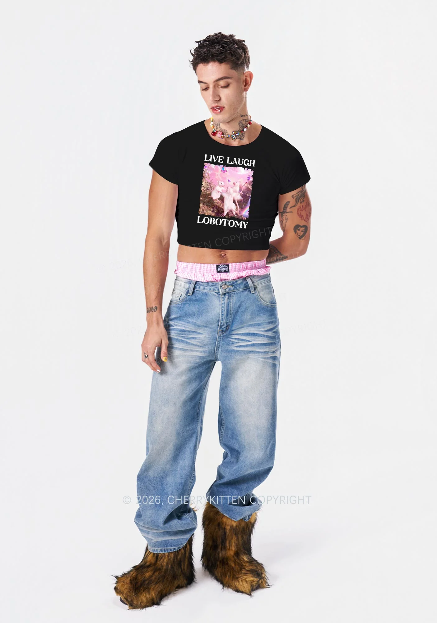 Live Laugh Lobotomy Rats Y2K Baby Tee Cherrykitten Art by OhStuffinell Taxidermy - Image 2