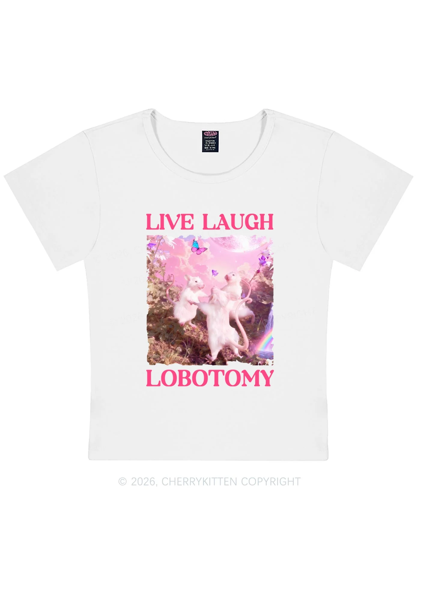 Live Laugh Lobotomy Rats Y2K Baby Tee Cherrykitten Art by OhStuffinell Taxidermy - Image 3