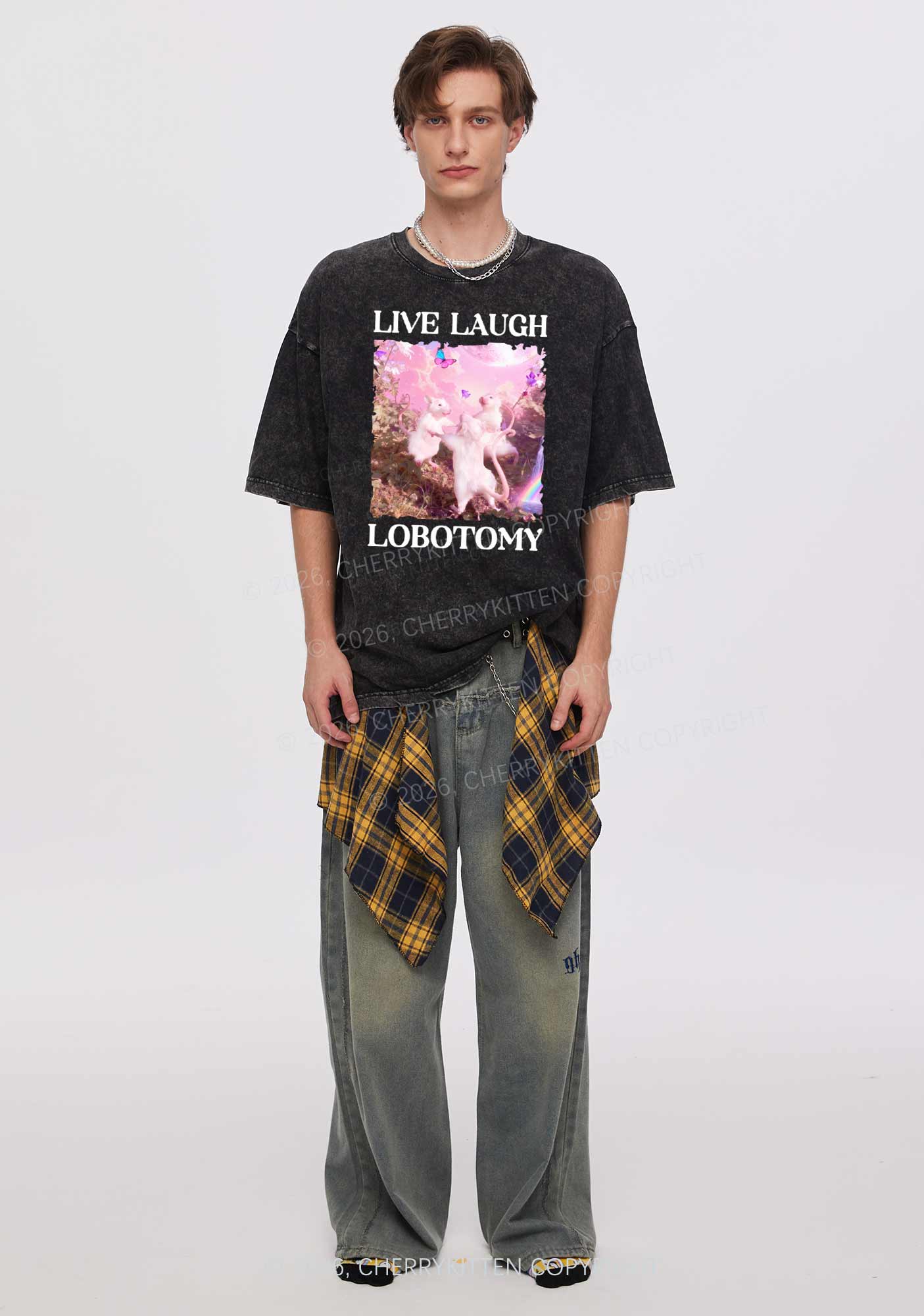 Live Laugh Lobotomy Rats Y2K Shirts Washed Tee Cherrykitten Art by OhStuffinell Taxidermy - Image 2