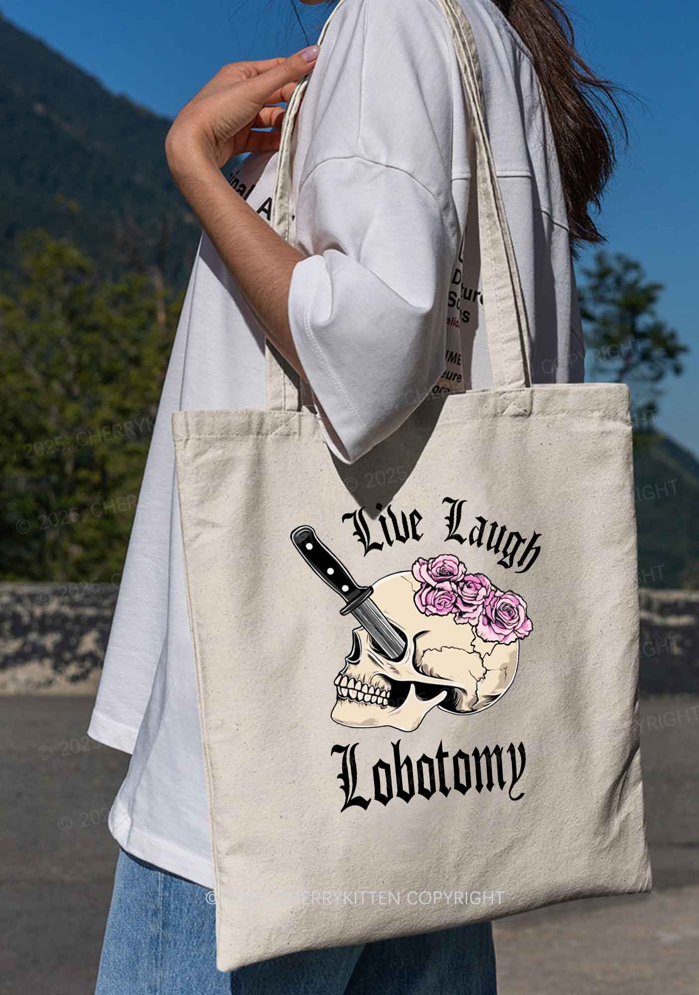 Live Laugh Lobotomy Skull Y2K Canvas Tote Bag Cherrykitten - Image 2