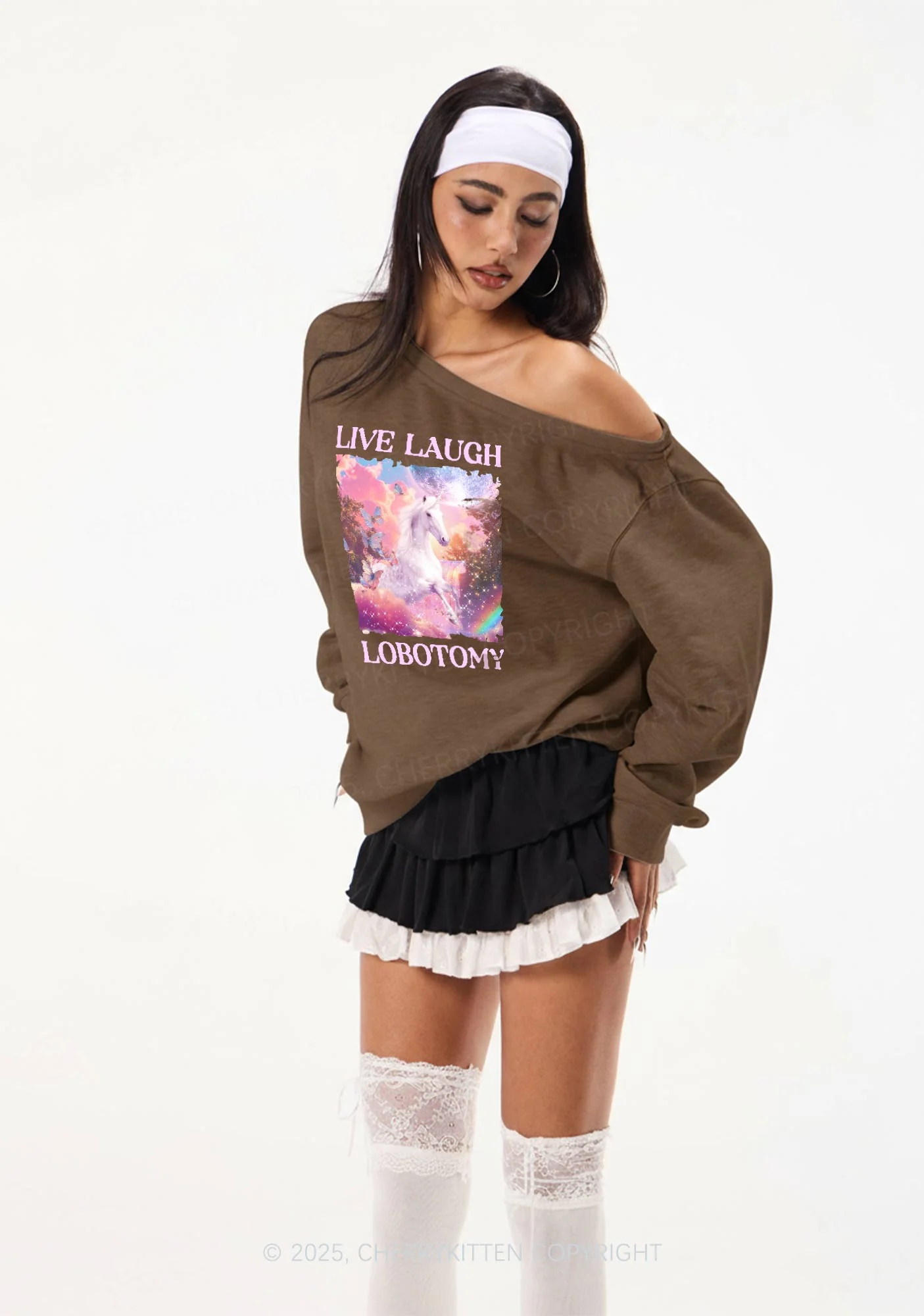 Live Laugh Lobotomy Unicorn Y2K Off Shoulder Sweatshirts Cherrykitten - Image 2