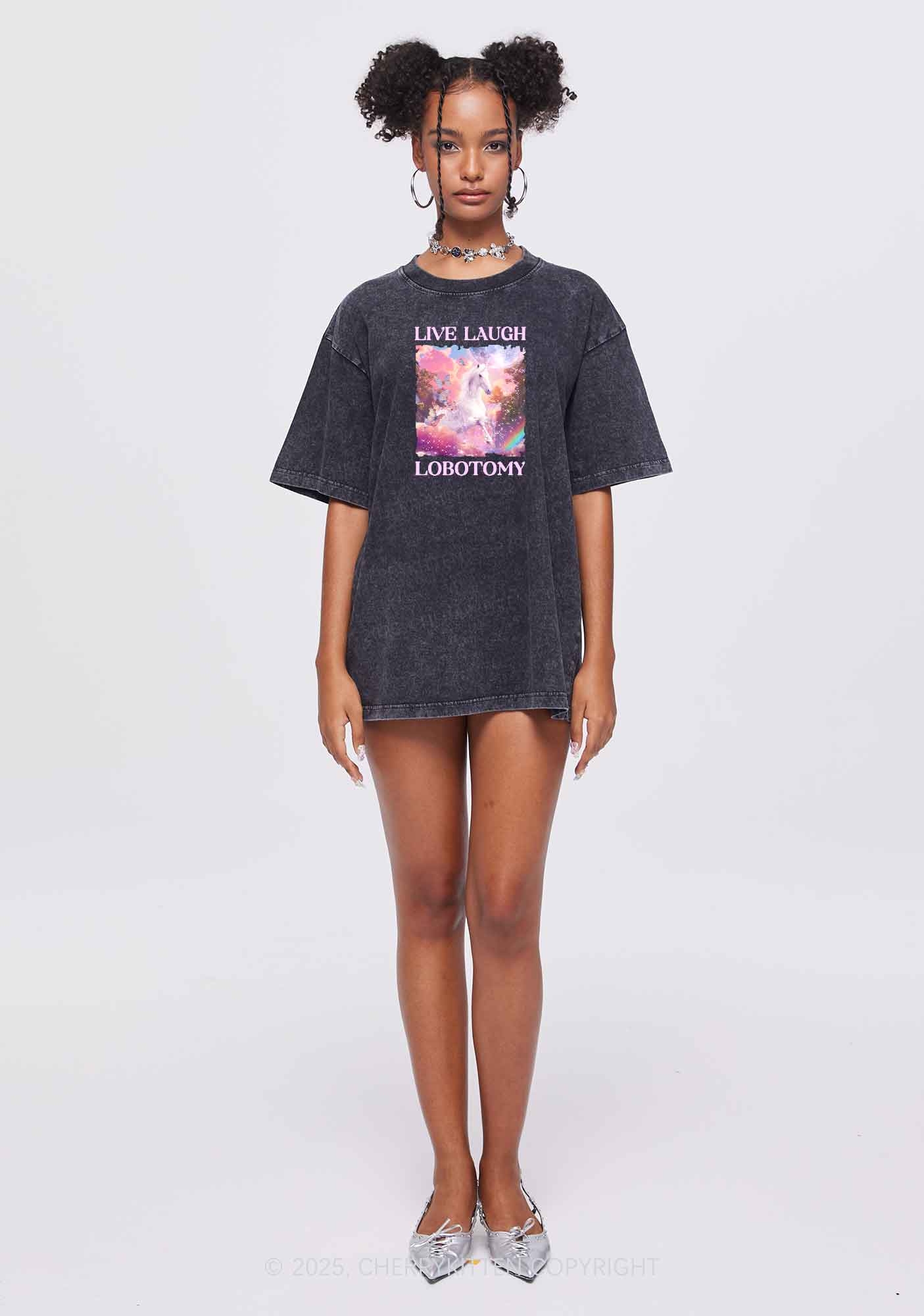 Live Laugh Lobotomy Unicorn Y2K Washed Tee Cherrykitten - Image 2