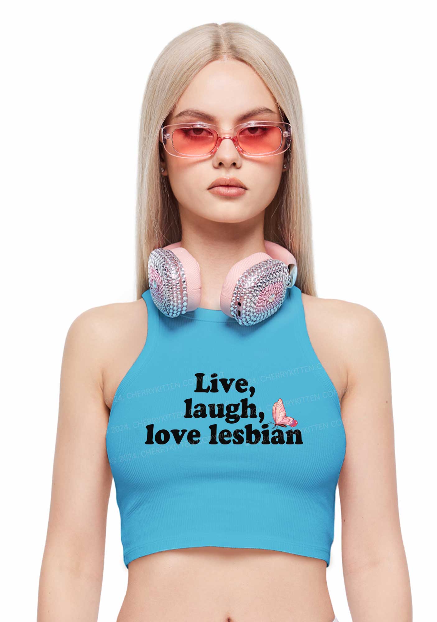 Live Laugh Love Lesbian Y2K Crop Tank Top Cherrykitten - Image 2