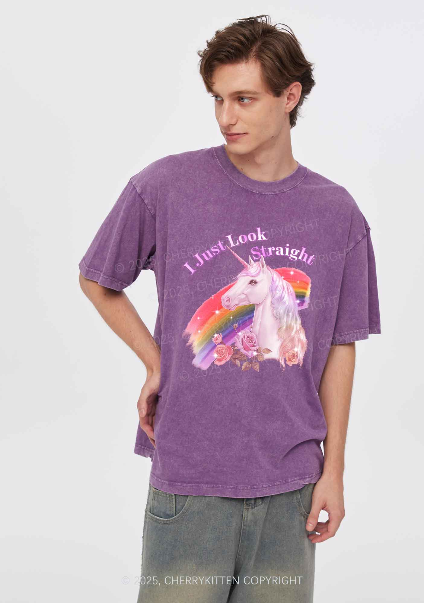 Look Straight Unicorn Pride Y2K Shirts Washed Tee Cherrykitten - Image 2