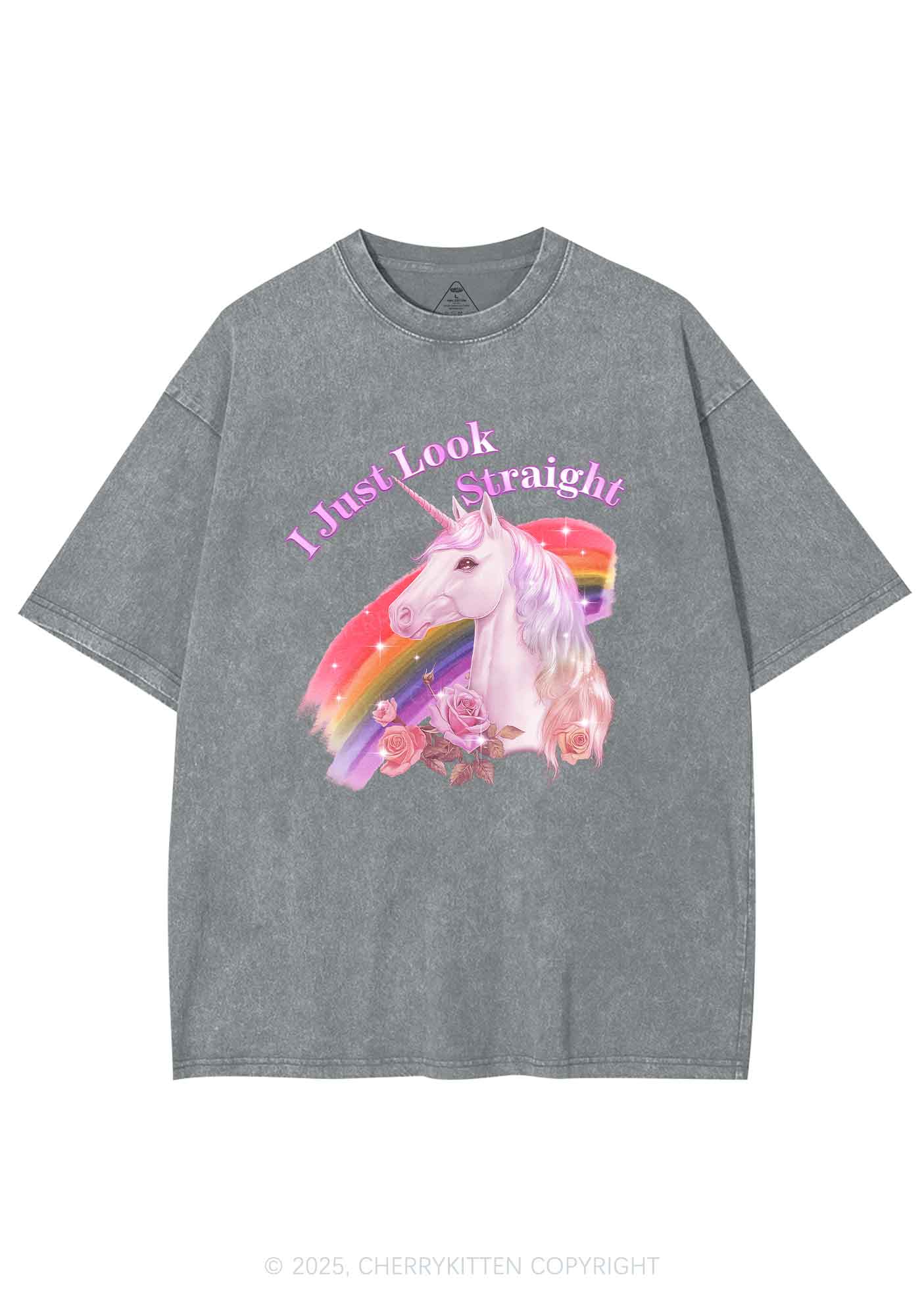 Look Straight Unicorn Pride Y2K Shirts Washed Tee Cherrykitten - Image 7