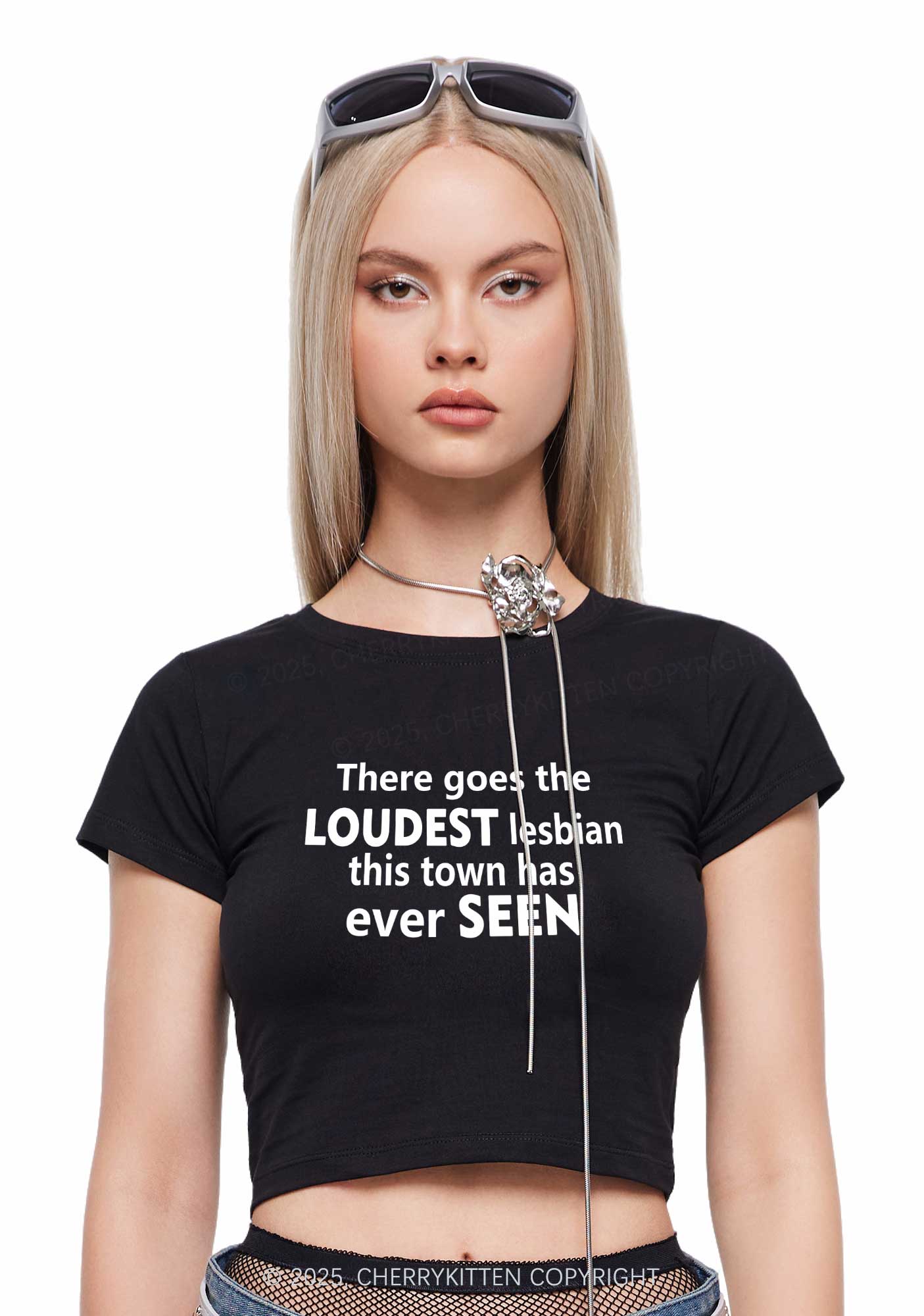 Loudest Lesbian Has Ever Seen Y2K Baby Tee Cherrykitten - Image 2