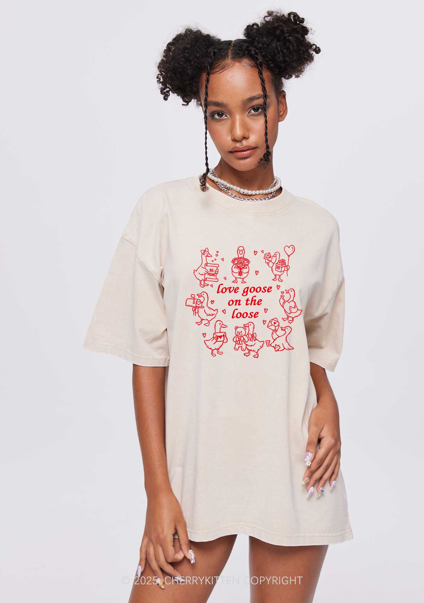 Love Goose On The Loose Valentine's Day Y2K Shirts Washed Tee Cherrykitten - Image 2