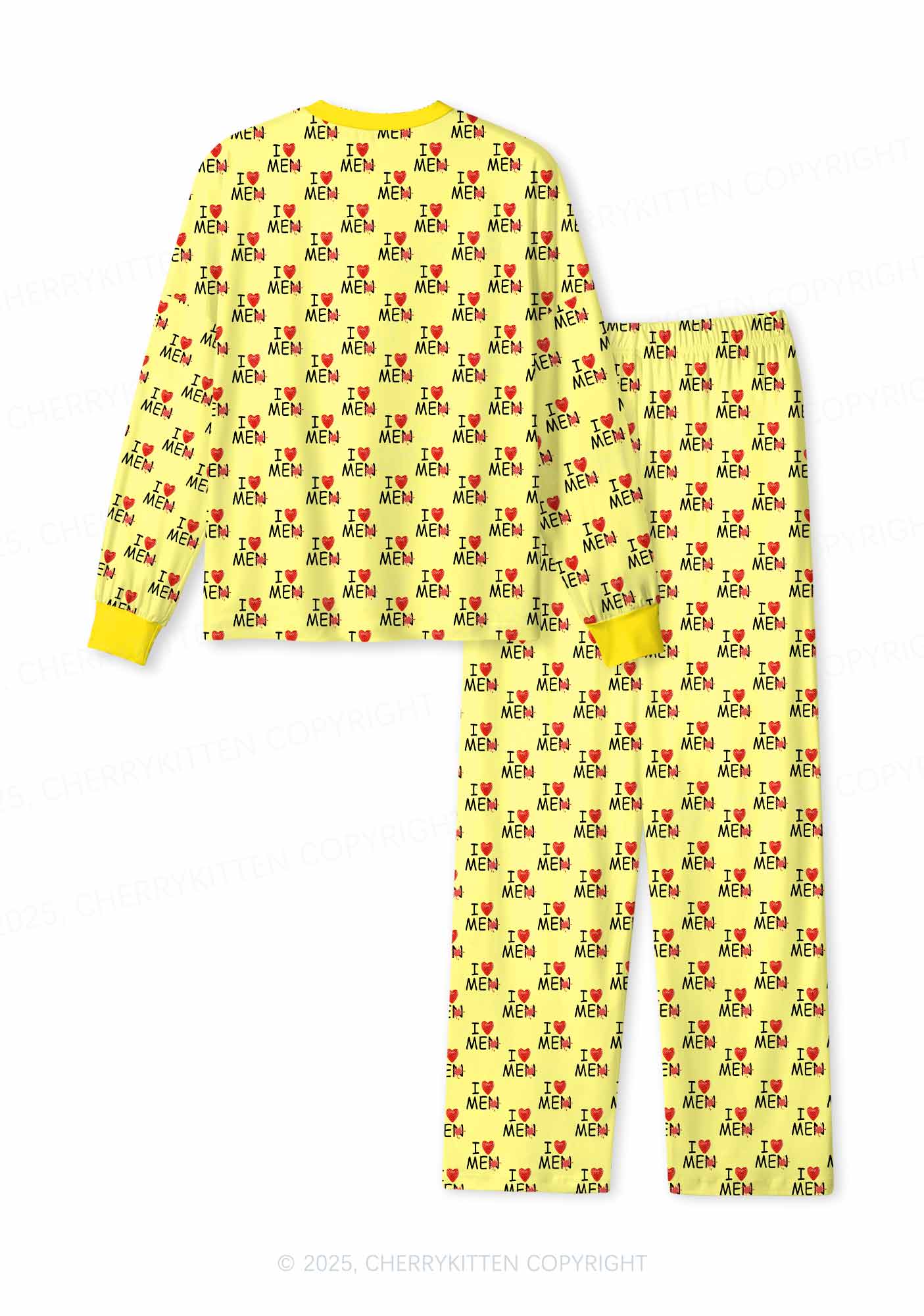 Love Me Not Men Yellow Valentine's Day Y2K Print Long Sleeve Pajama Set Cherrykitten - Image 2