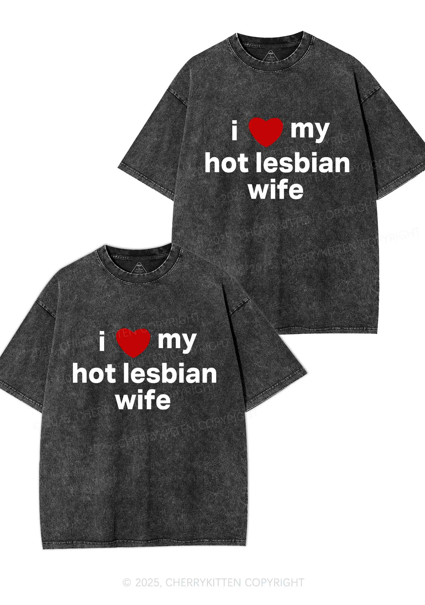 Love My Hot Lesbian Wife Y2K Valentine's Day Washed Tee Cherrykitten - Image 3