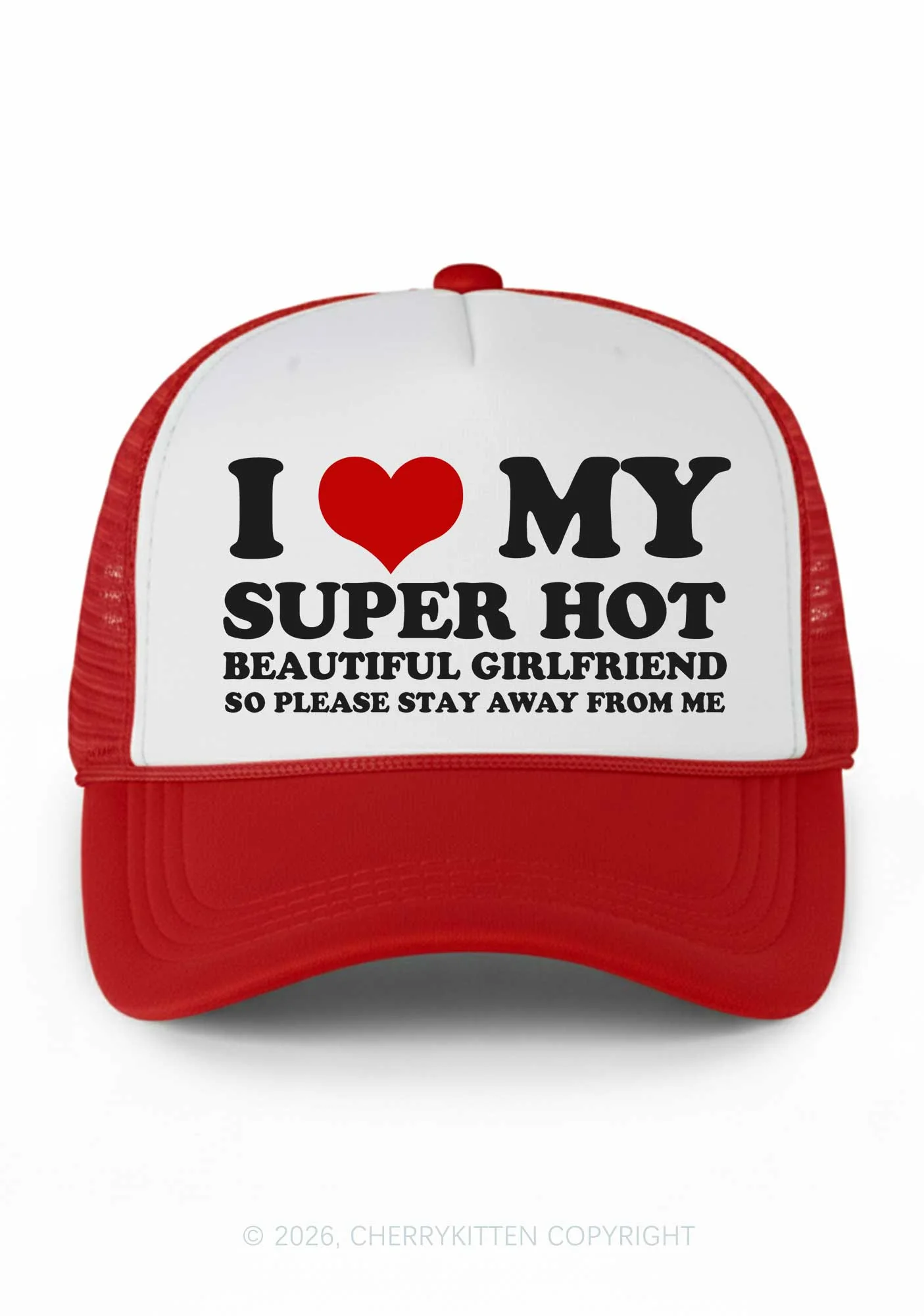 Love My Super Hot GF Valentine's Day Y2K Colorblock Trucker Hat Cherrykitten - Image 2