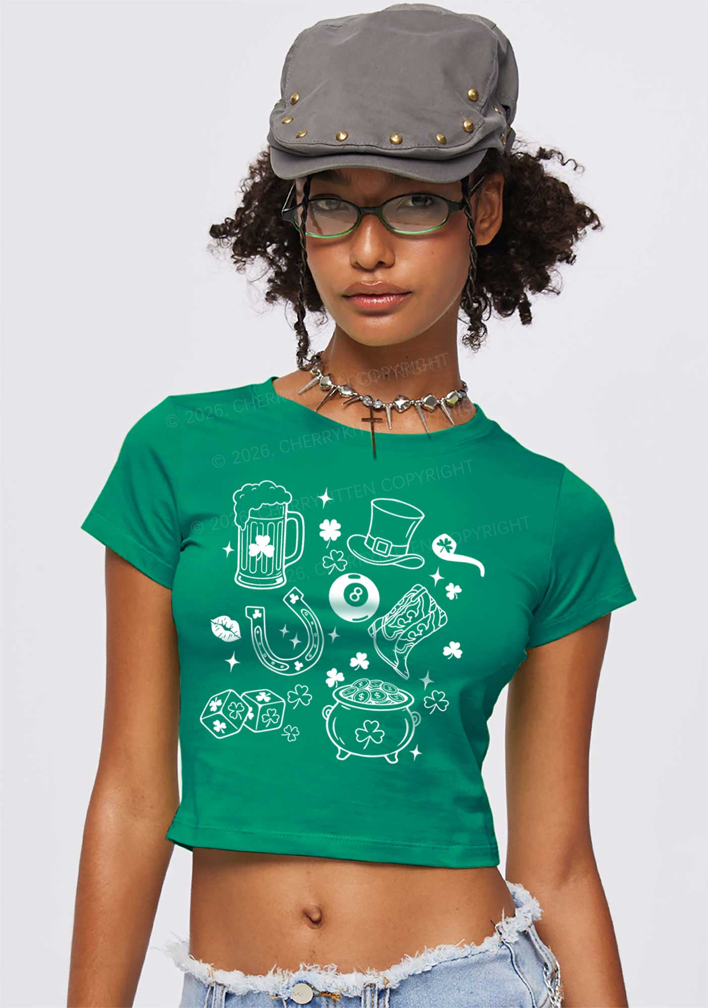 Luck Symbols St Patricks Y2K Baby Tee Cherrykitten - Image 2
