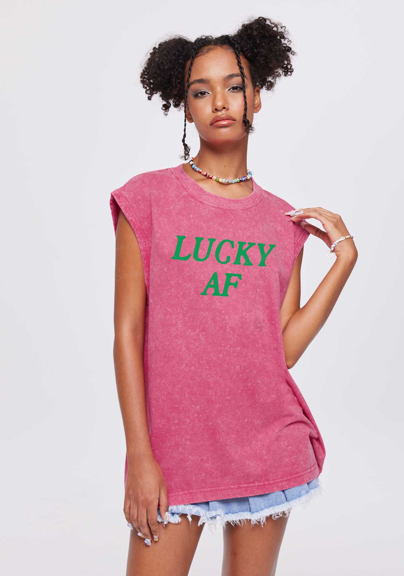 Lucky AF St Patricks Y2K Washed Tank Cherrykitten - Image 2