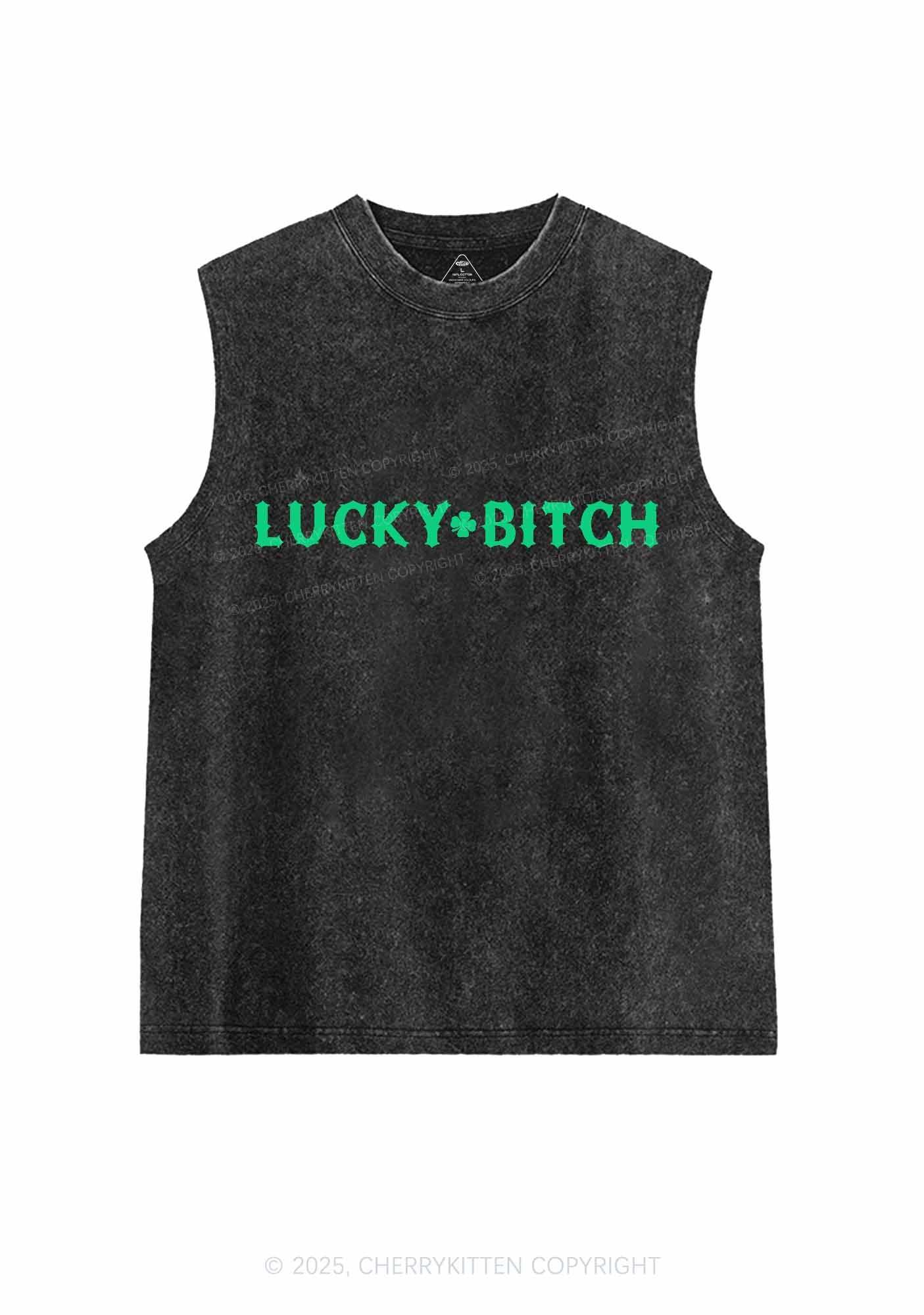Lucky Bxxch St Patricks Y2K Washed Tank Cherrykitten - Image 3