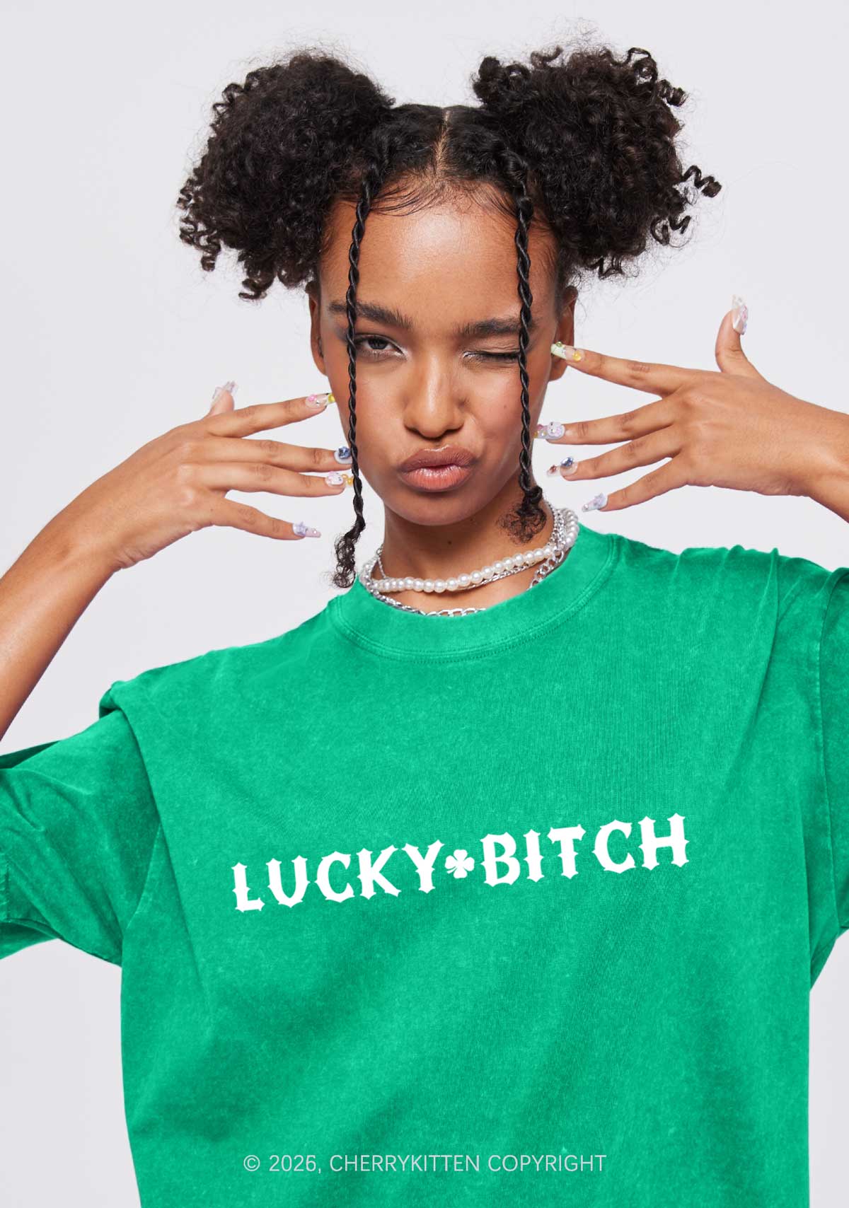 Lucky Bxxch St Patricks Y2K Washed Tee Cherrykitten - Image 2