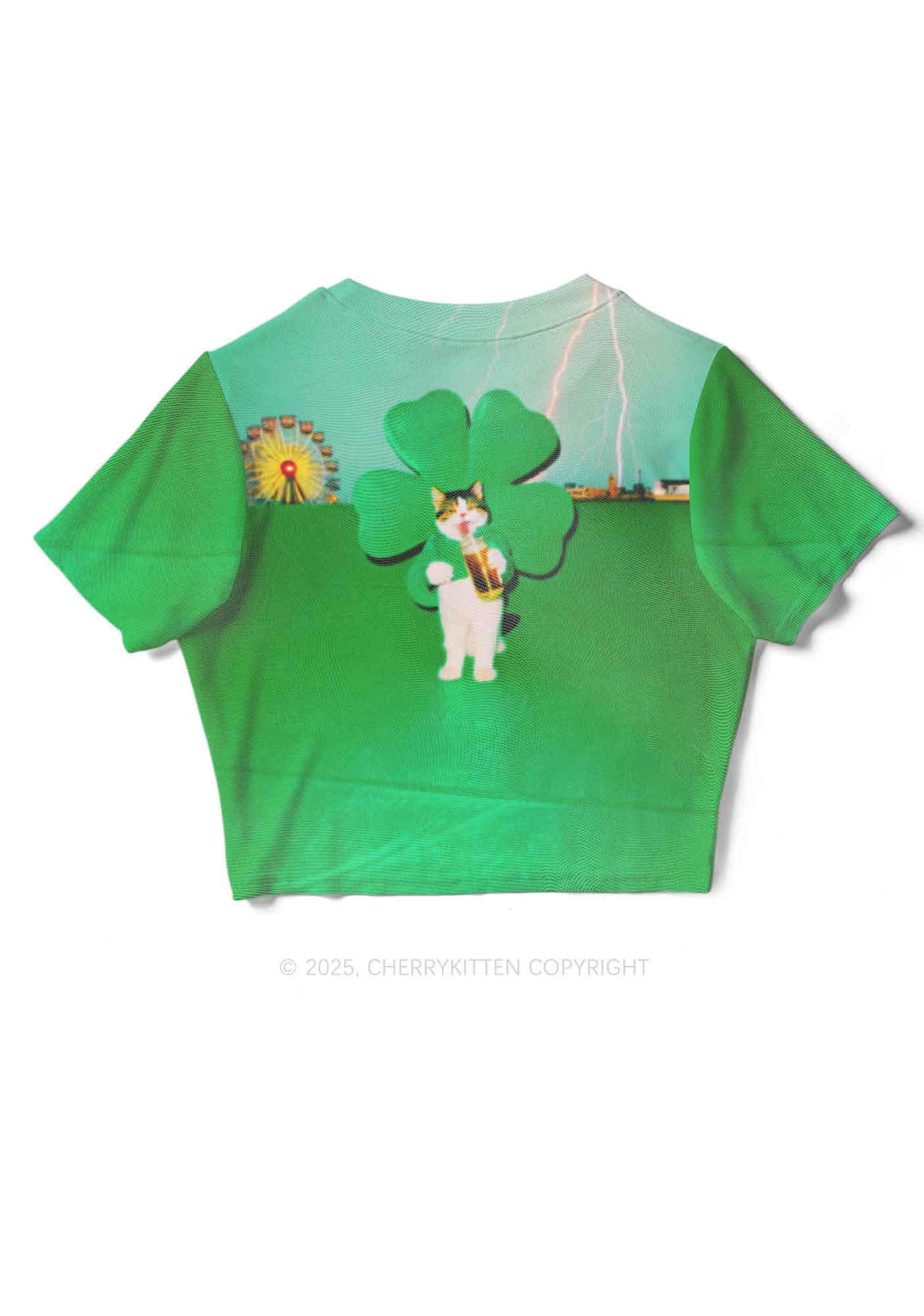 Lucky Cat St Patricks Y2K Mesh Crop Top Cherrykitten - Image 2